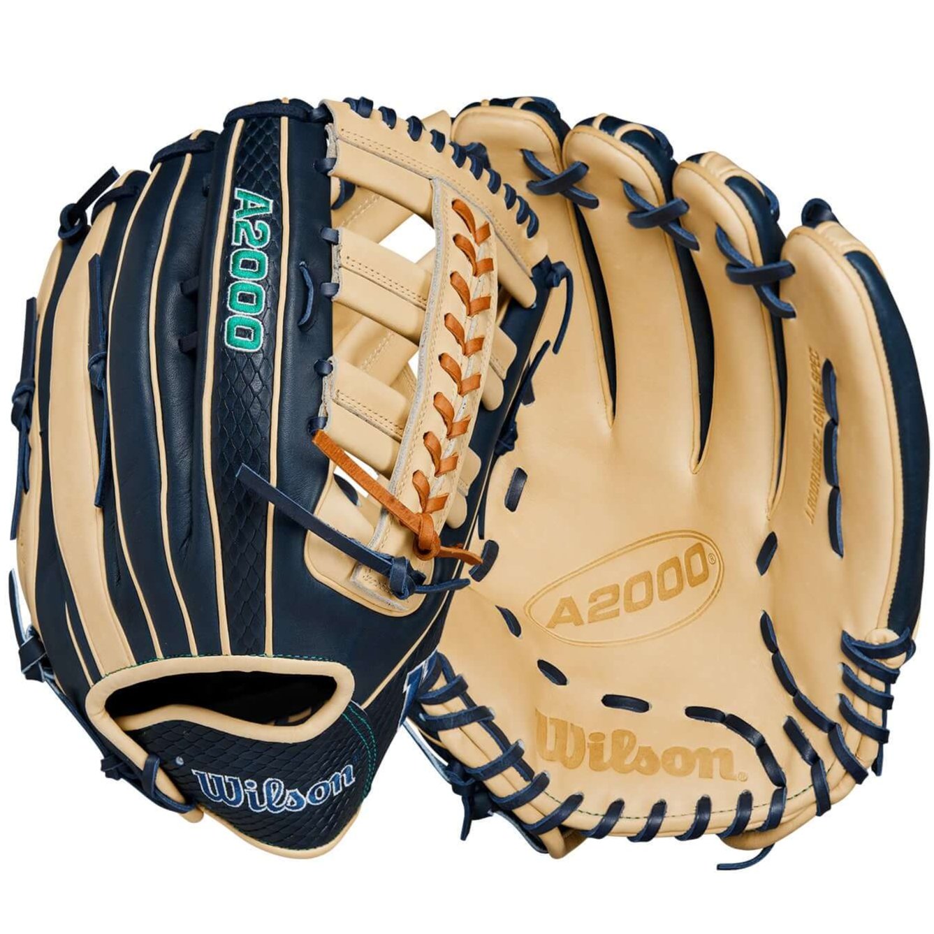 Wilson A2000 JR44 GM baseball glove in navy blue and blonde, 12.75”, designed for outfield players.