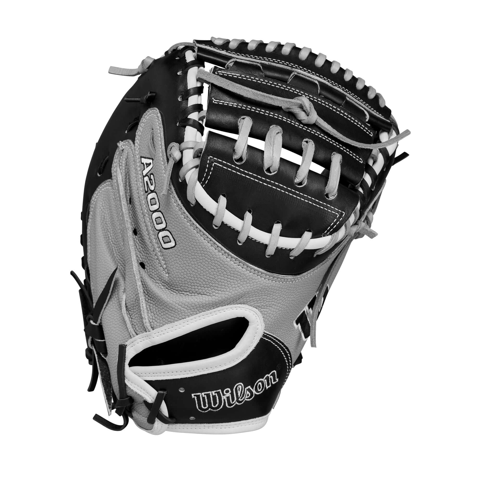Wilson A2000 FPCM34SS black and grey catcher’s mitt showcasing modern design and lightweight construction for optimal performance.
