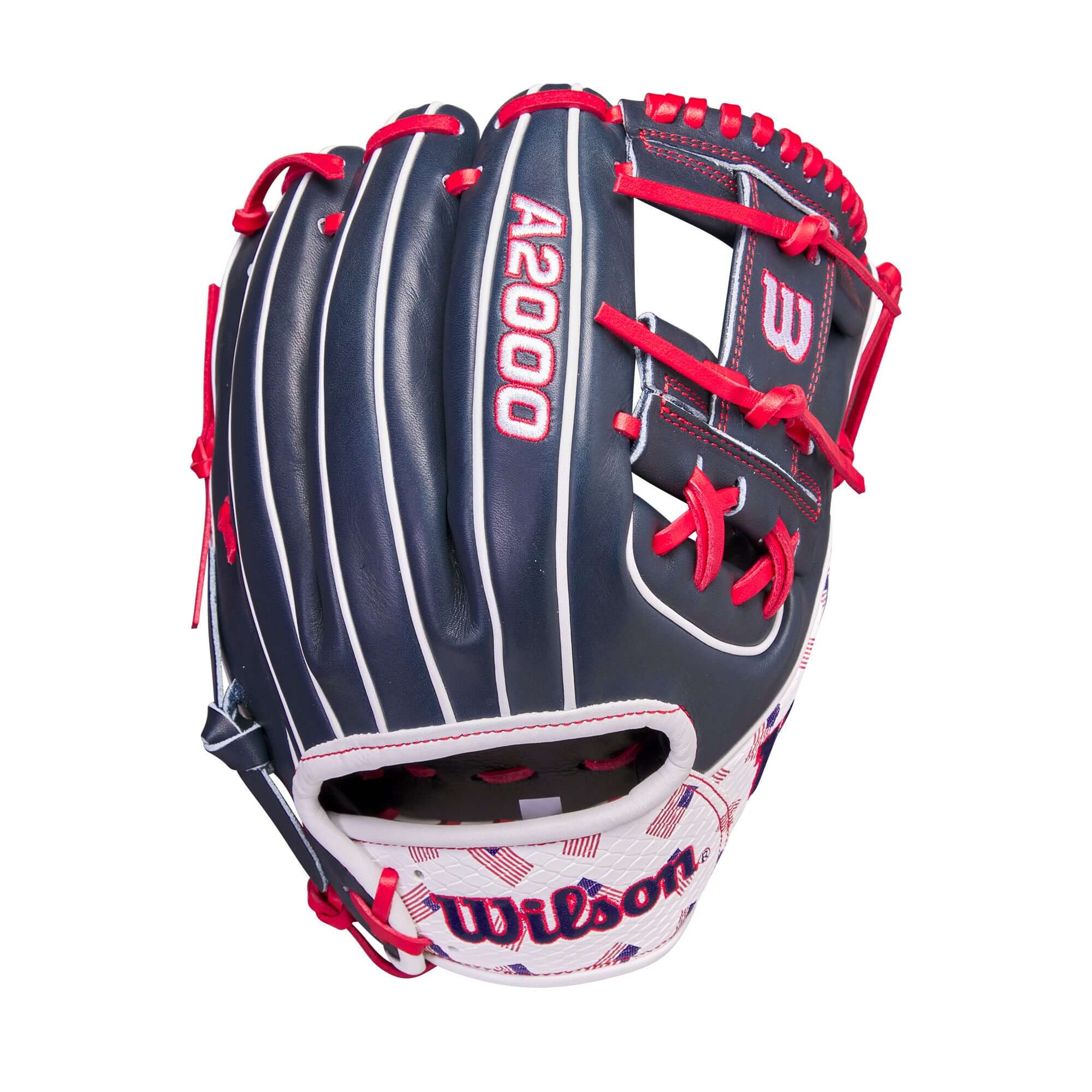 Wilson A2000 July 2023 1786 glove in navy, red, and white, 11.5 inches, ideal for infielders.