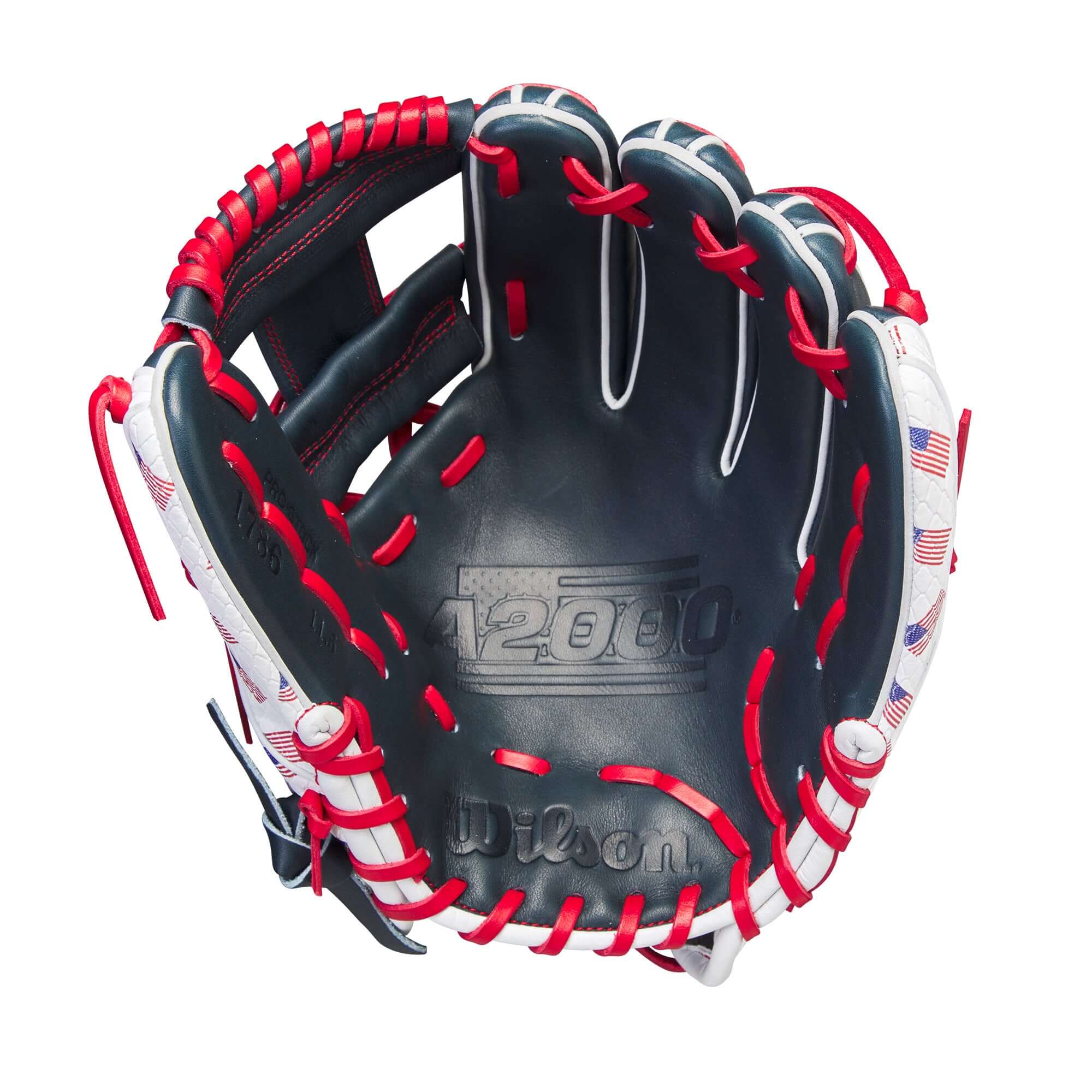 Wilson A2000 July 2023 GOTM 1786 infield glove in red, white, and blue, 11.5 inches, showcasing Pro Stock Leather.