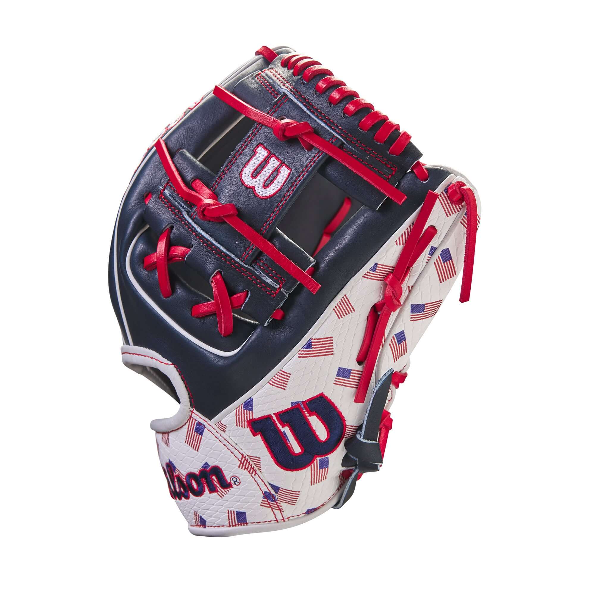 Wilson A2000 July 2023 Glove of the Month, 11.5-inch infield glove, red, white, and blue colorway, Pro Stock Leather.
