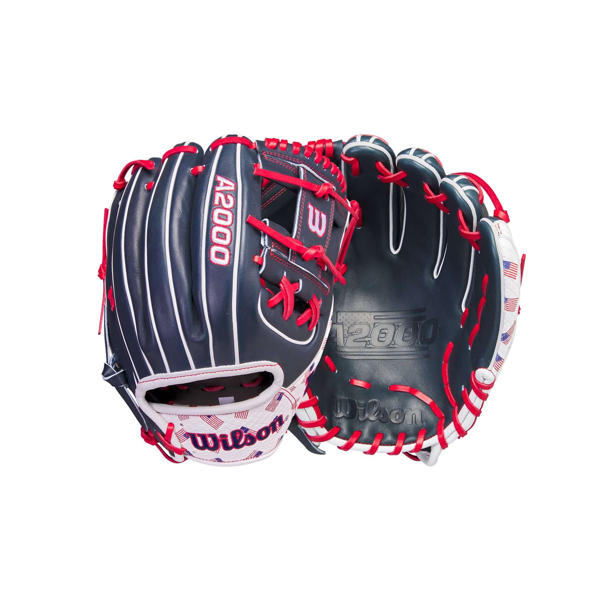 Wilson A2000 July 2023 GOTM glove in red, white, and blue, 11.5 inches, for infielders, showcasing Pro Stock Leather design.
