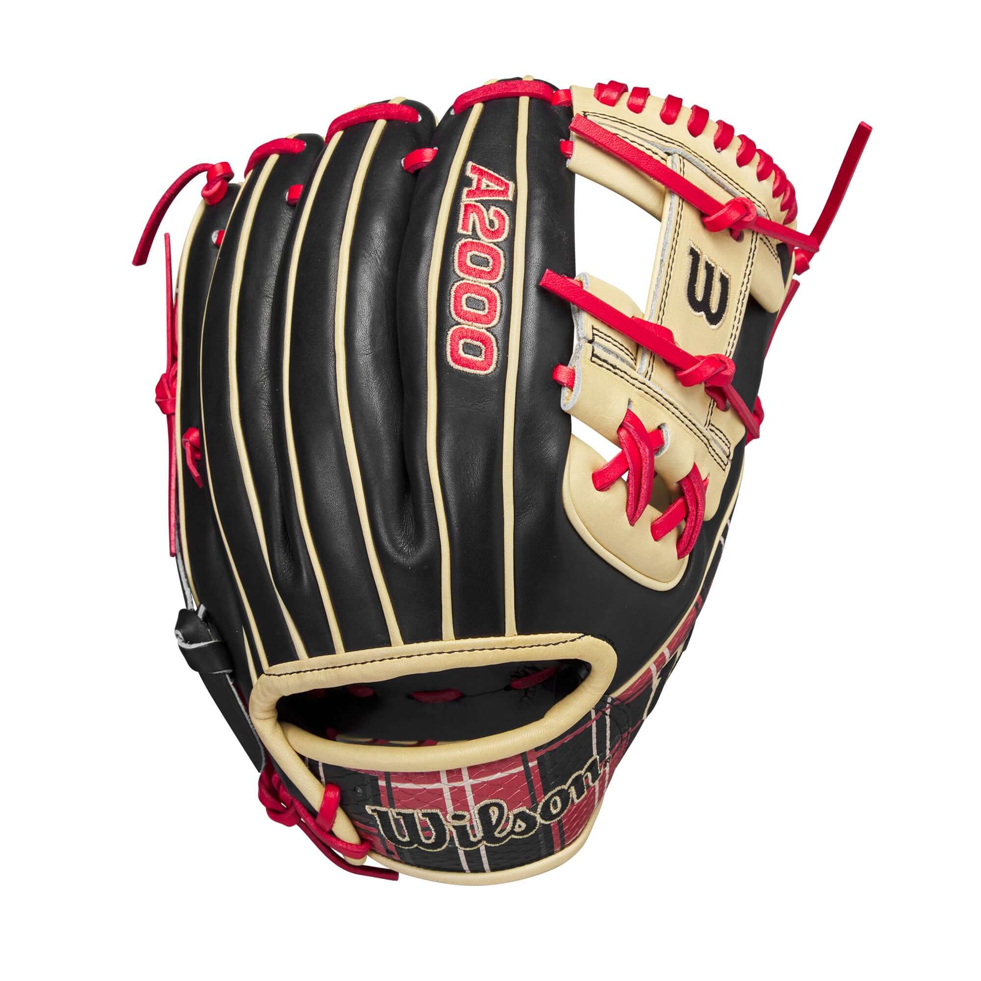 Wilson A2000 October 2023 Glove of the Month, 11.5" plaid SuperSnakeSkin™ baseball glove with Black & Blonde leather.