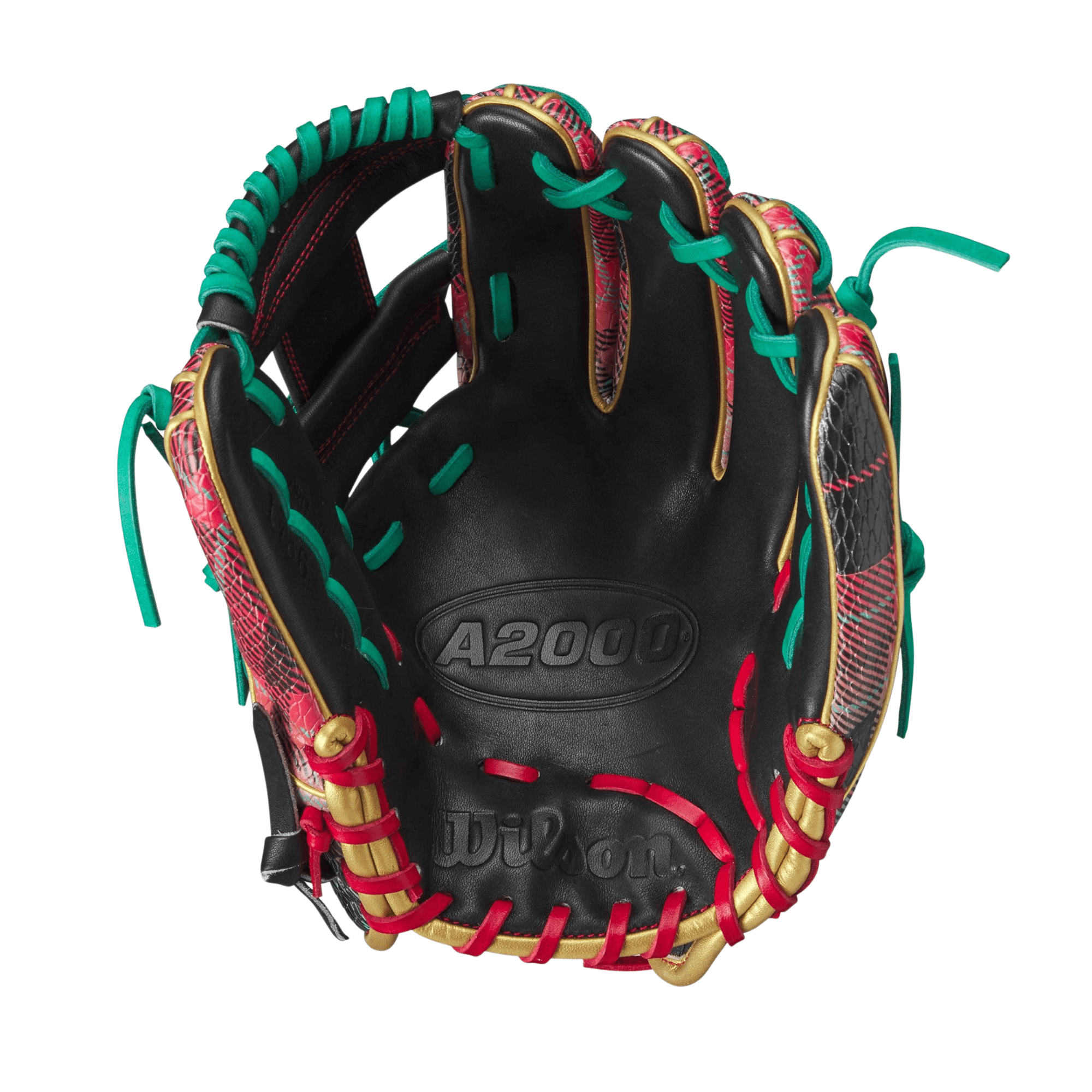 Wilson 2023 A2000 Holiday Sweater 1786 11.5” infield glove in red, green, and gold design for winter baseball.