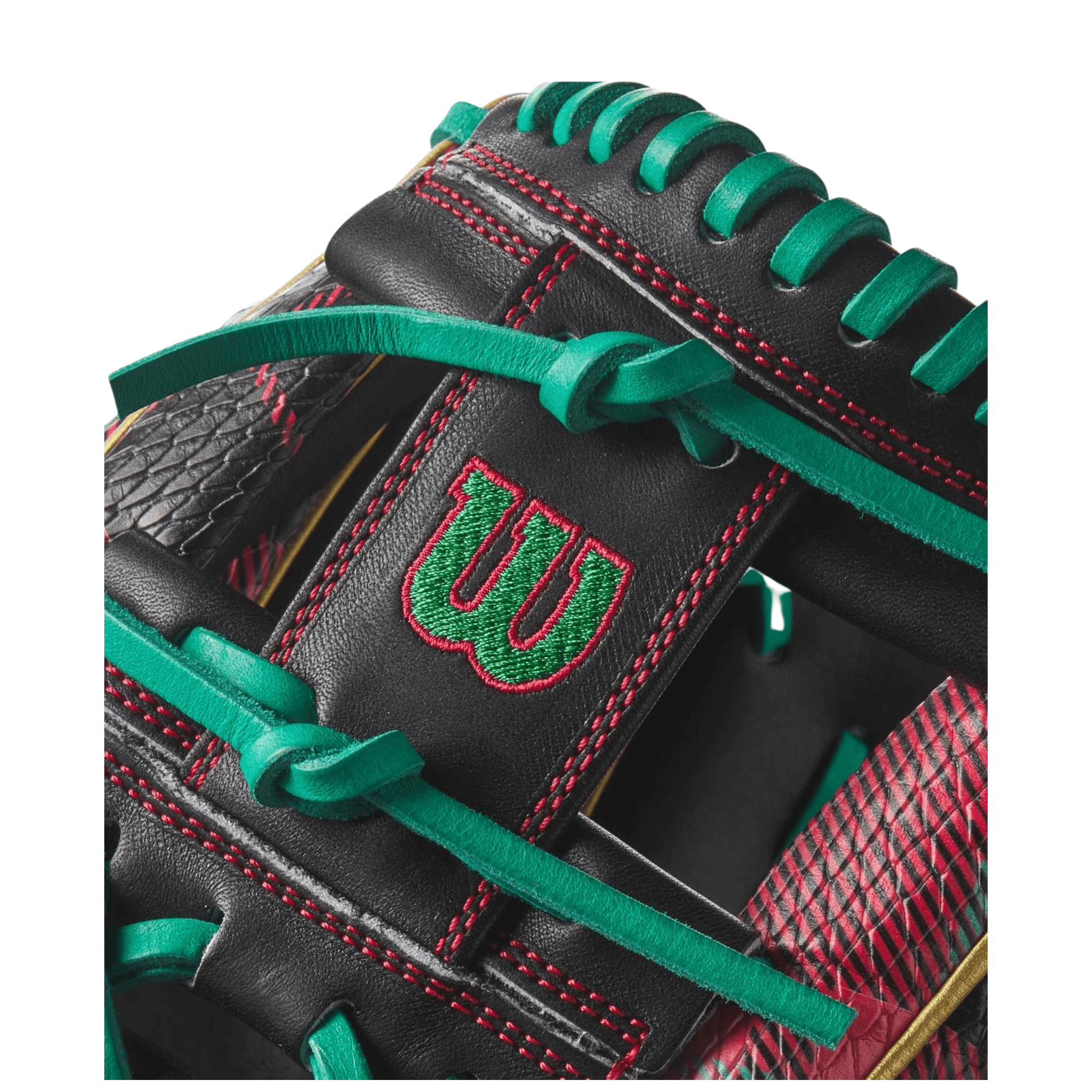 Close-up of Wilson A2000 Holiday Sweater glove with Red & Green plaid design and bold logo details.