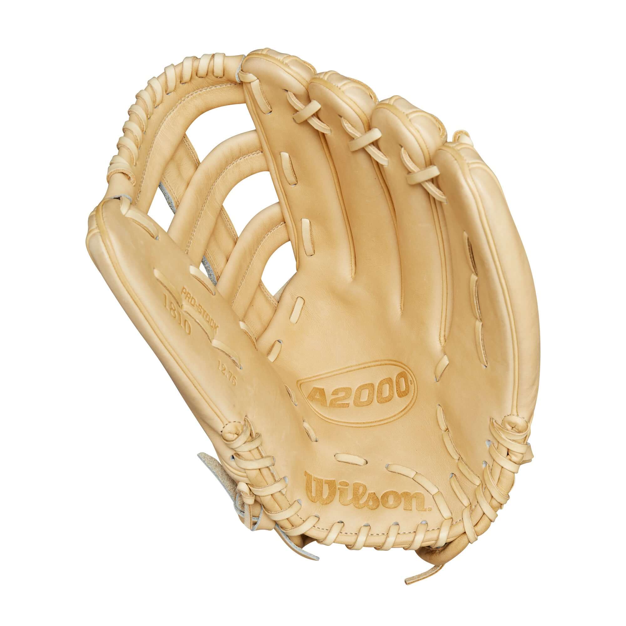Wilson A2000 1810 outfield baseball glove in blonde, 12.75" size, designed for secure fit and premium performance.