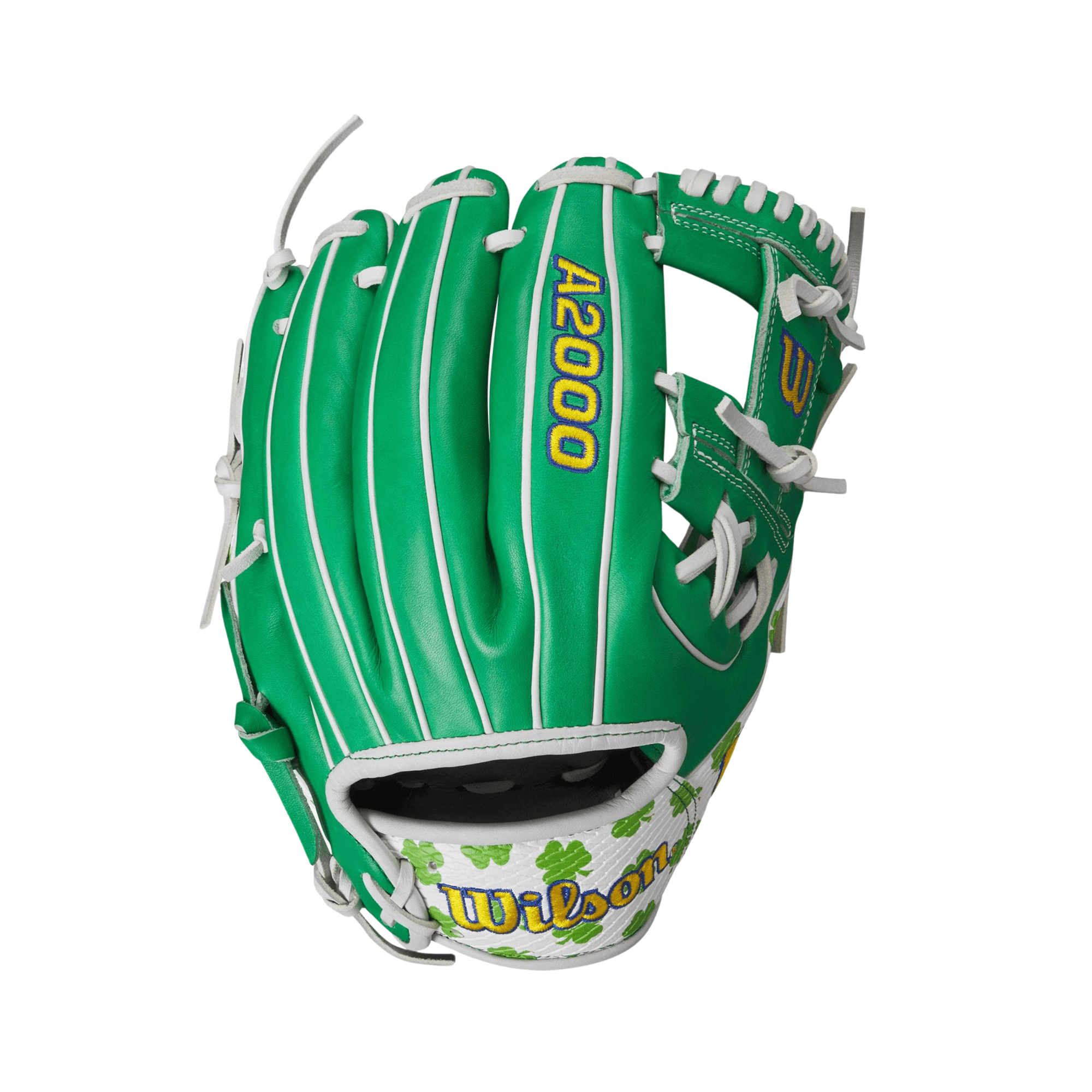 Wilson 2024 A2000 MDA Shamrock 1786 infield glove featuring Kelly Green leather and shamrock design.