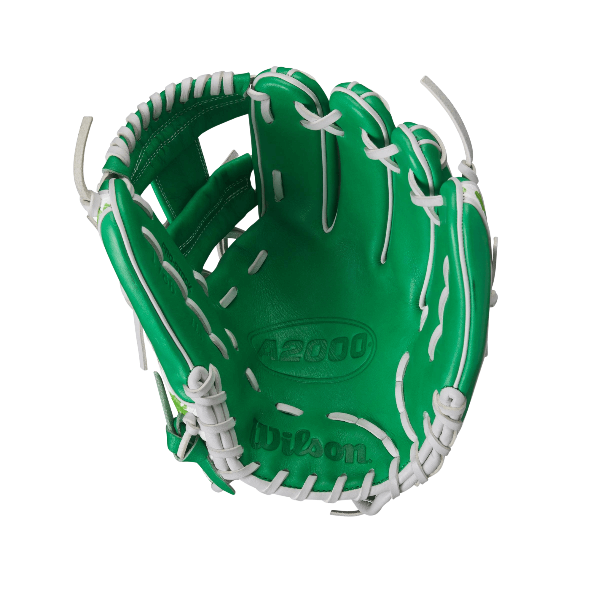 Wilson 2024 A2000 MDA Shamrock 1786 green baseball glove with white accents and MDA logo.