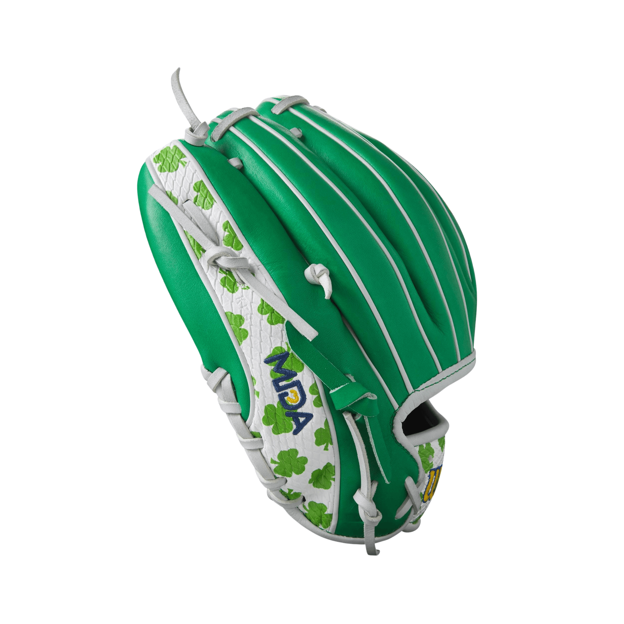 Wilson 2024 A2000 MDA Shamrock 1786 infield glove with Kelly Green Pro Stock leather and shamrock design.