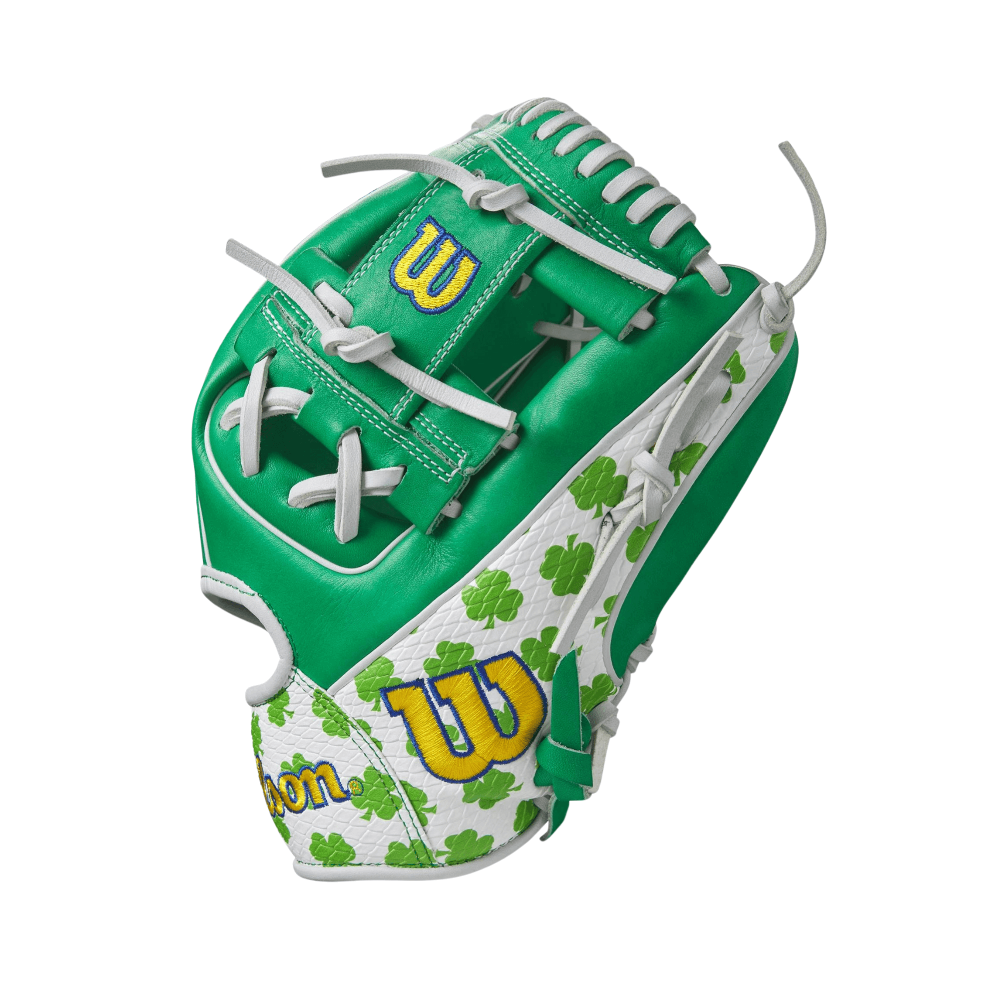 Wilson 2024 A2000 MDA Shamrock 1786 infield glove with Kelly Green leather and shamrock design.