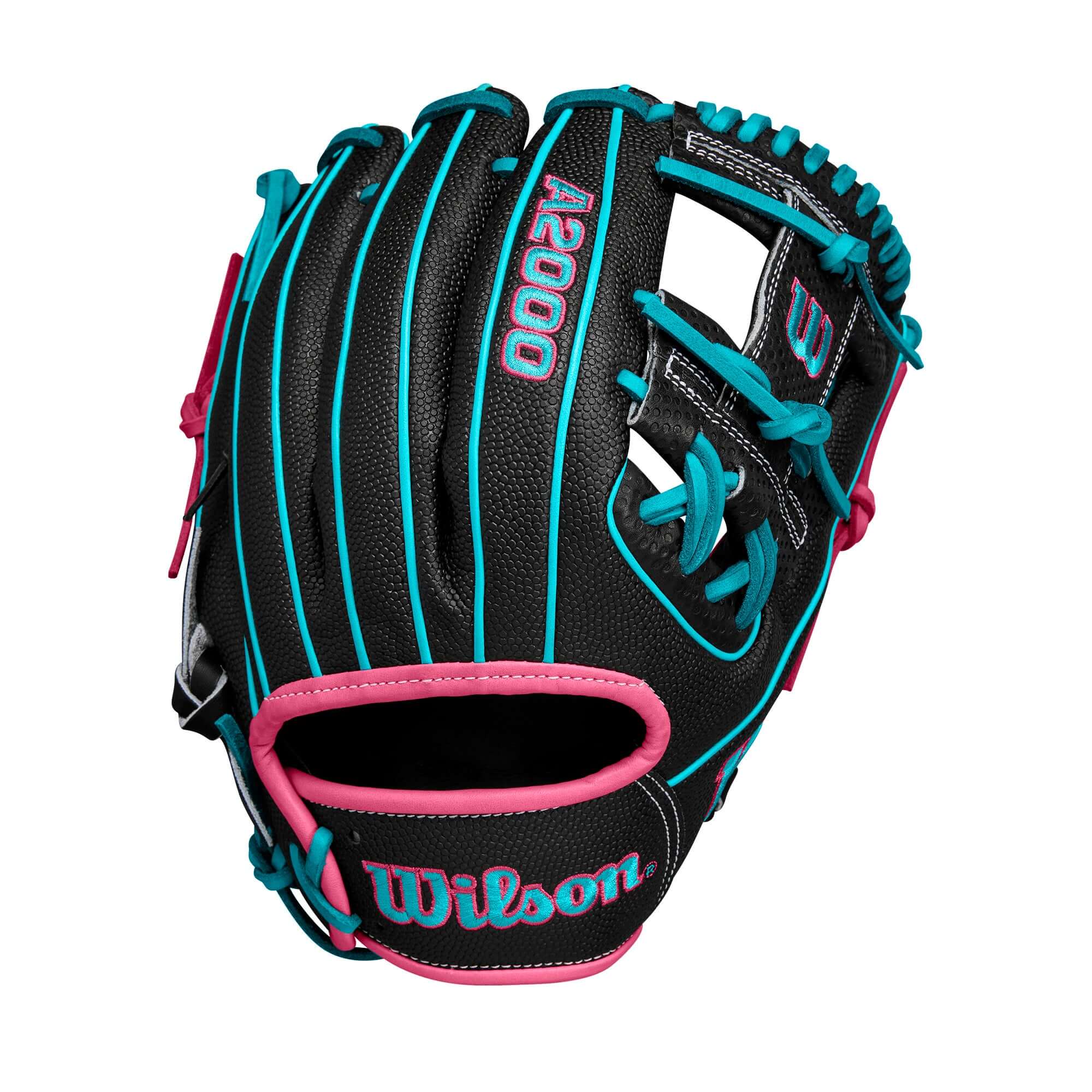Wilson Winter 2024 A2000 1786SS black glove with teal and pink accents, ideal for infielders, 11.5" with shallow pocket design.