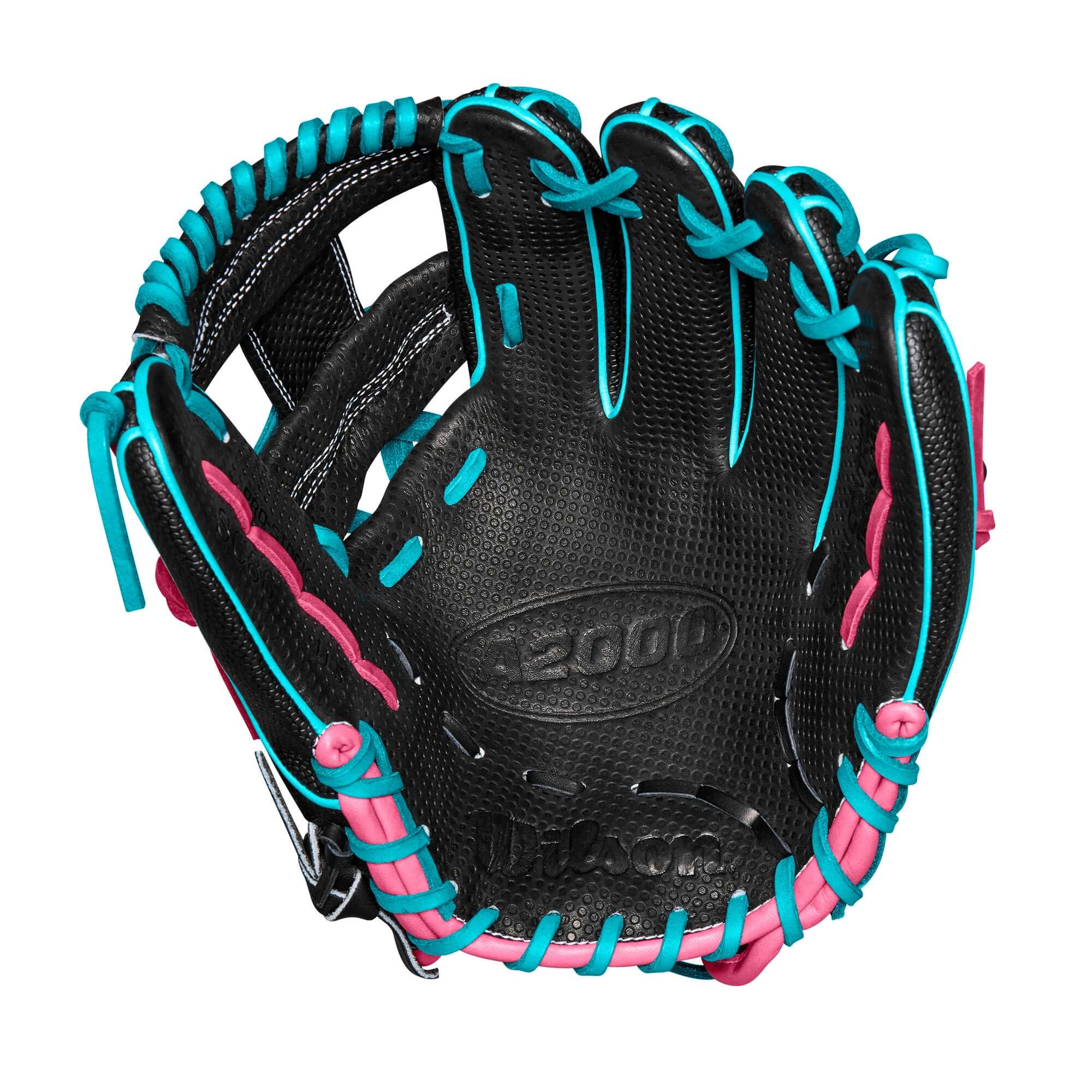 Wilson Winter 2024 A2000 1786SS glove in black with teal and pink accents, designed for infielders.