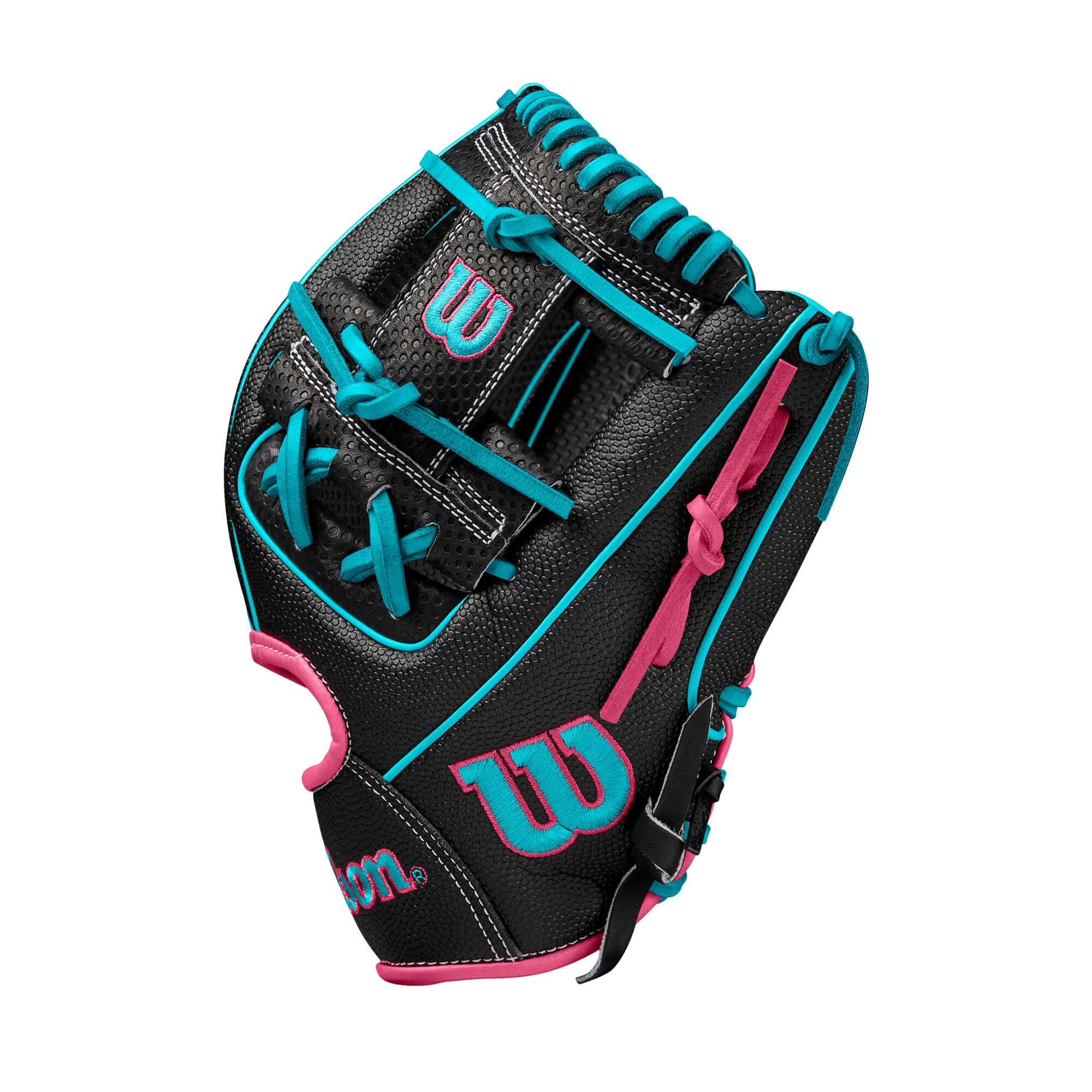 Wilson A2000 1786SS Black/Teal/Pink baseball glove, 11.5” design with H-Web construction for infield play.