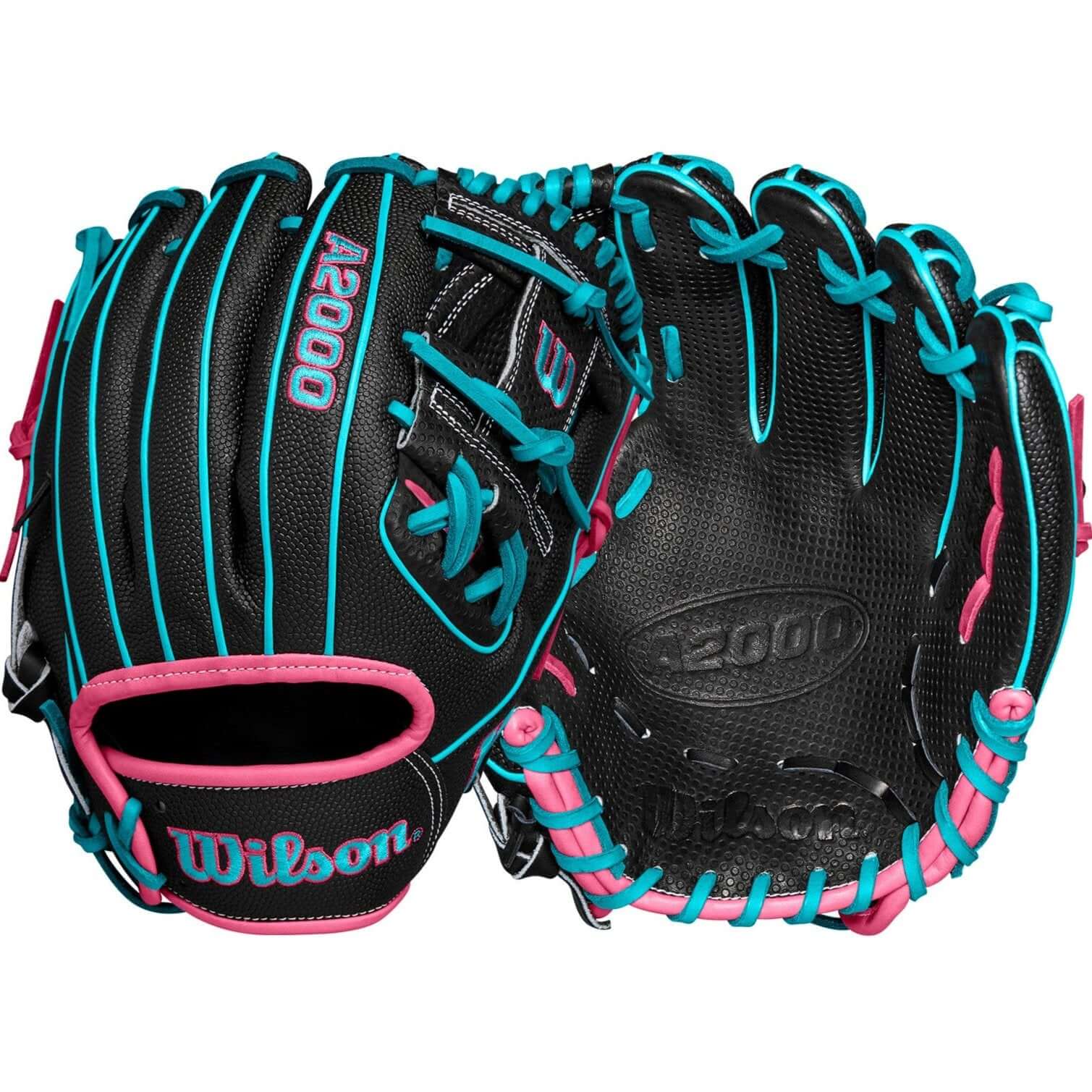 Wilson Winter 2024 A2000 1786SS glove in black, teal, and pink, 11.5”, designed for infielders with Spin Control Technology.