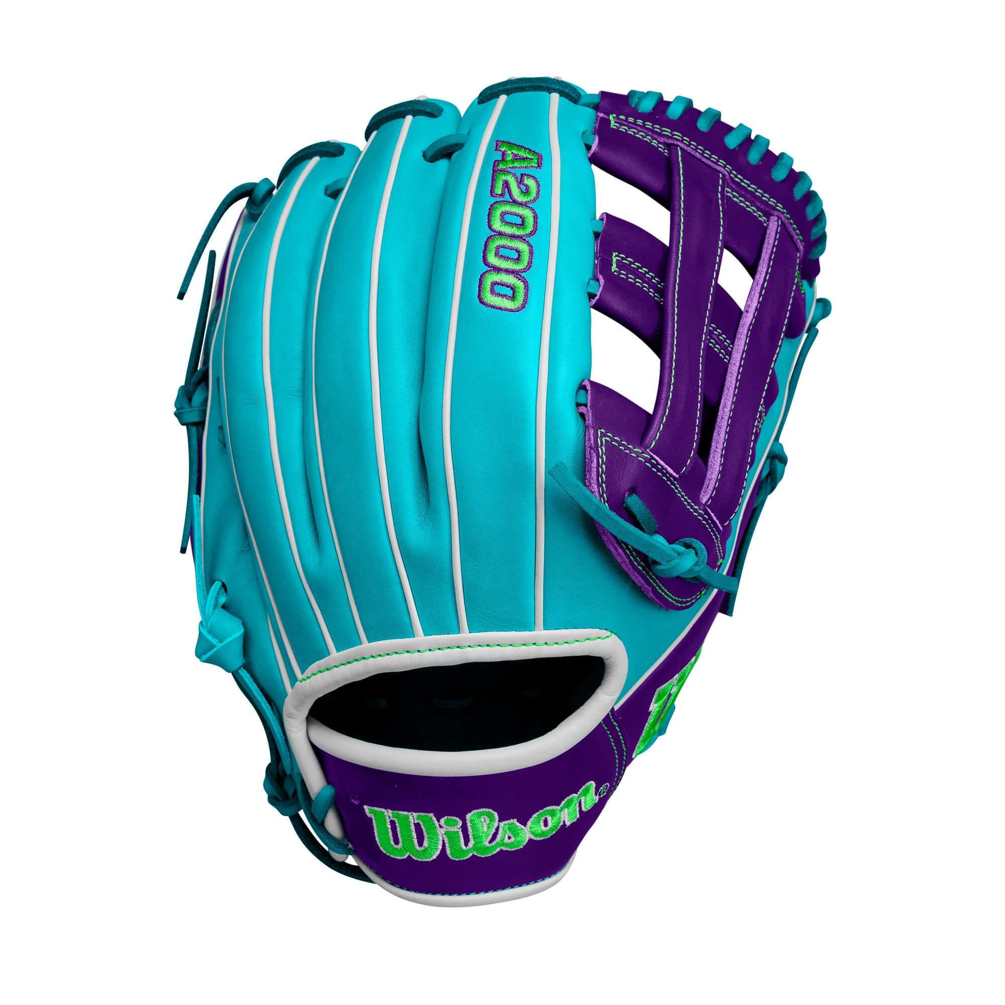 Wilson Winter 2024 A2000 DW5 Teal Purple 12" infield glove with durable leather and Dual Post Web design.