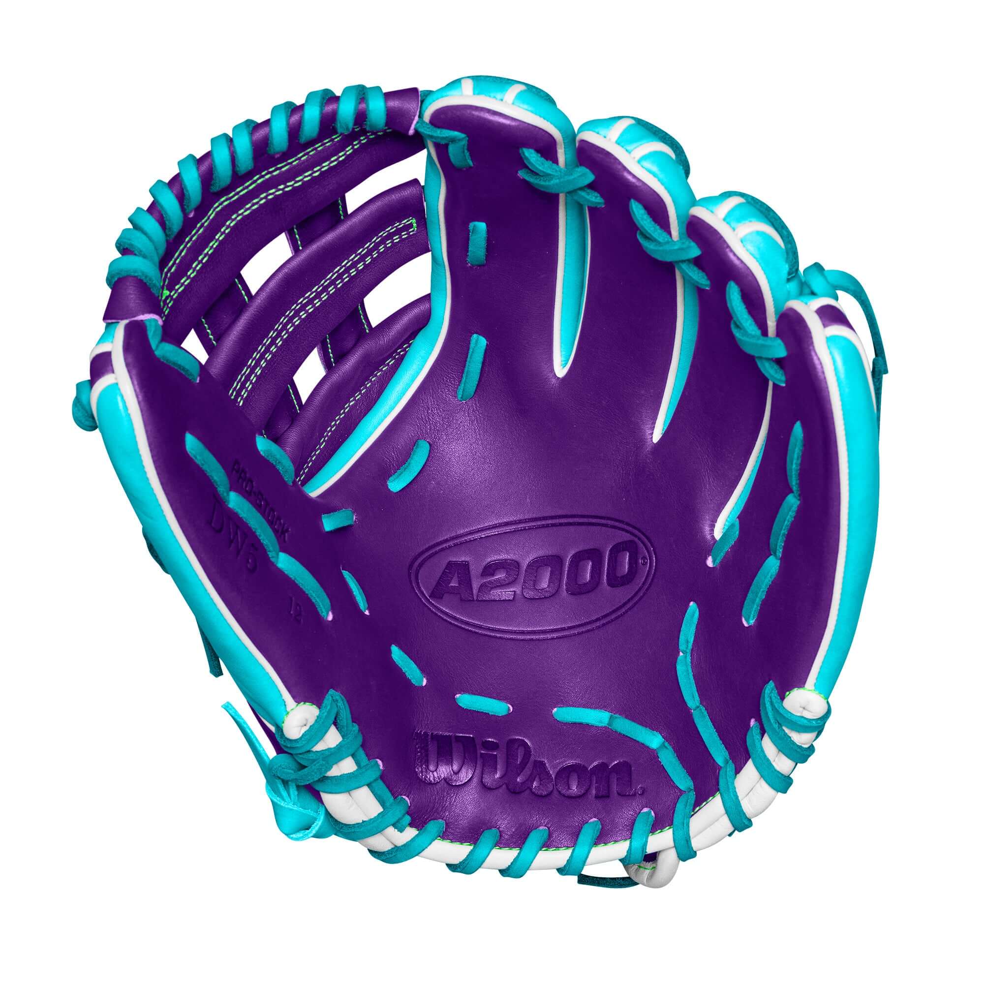 Wilson A2000 DW5 glove in teal and purple, 12” infield glove designed for optimal performance on the field.