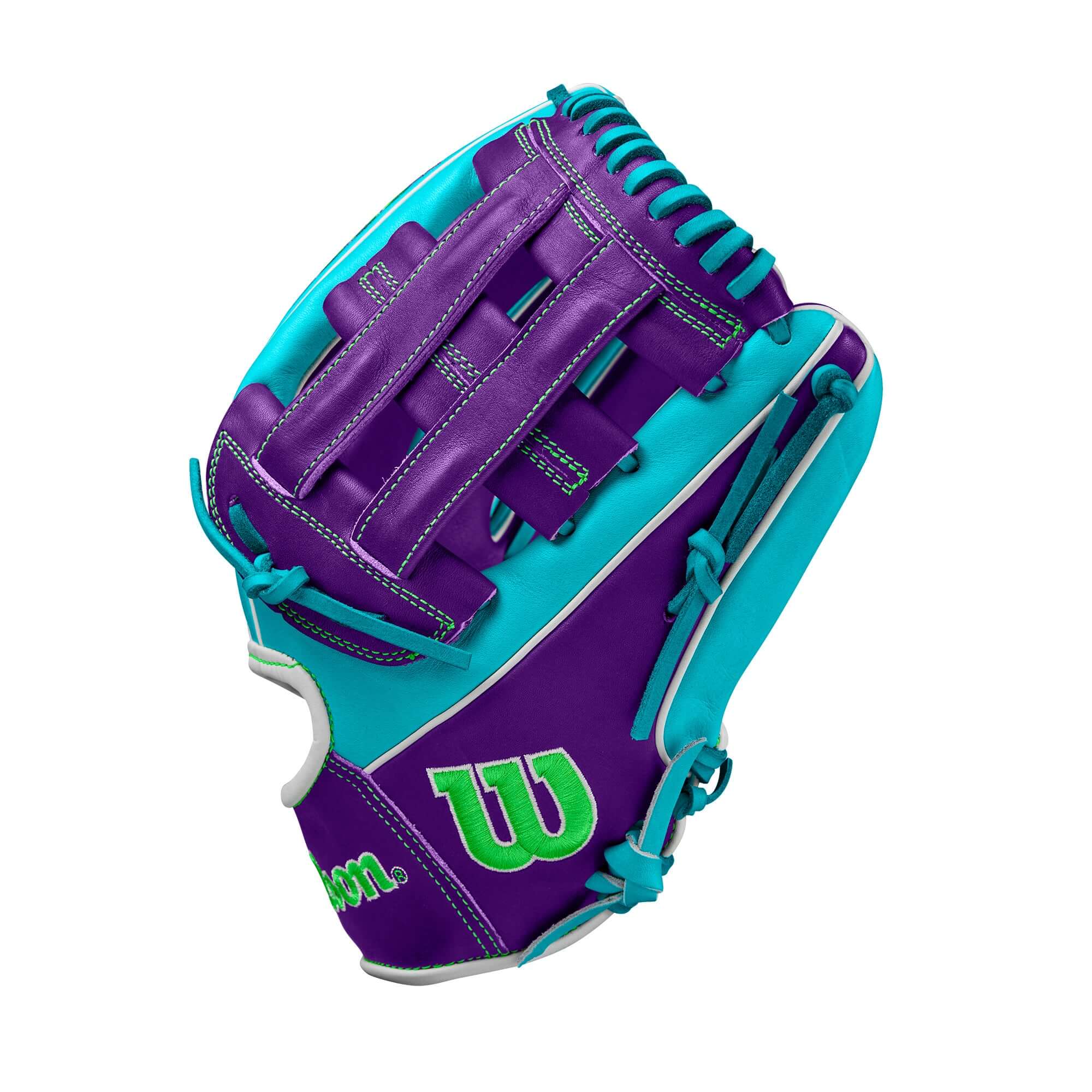 Wilson Winter 2024 A2000 DW5 glove in teal and purple, designed for infielders with durable Pro Stock leather.