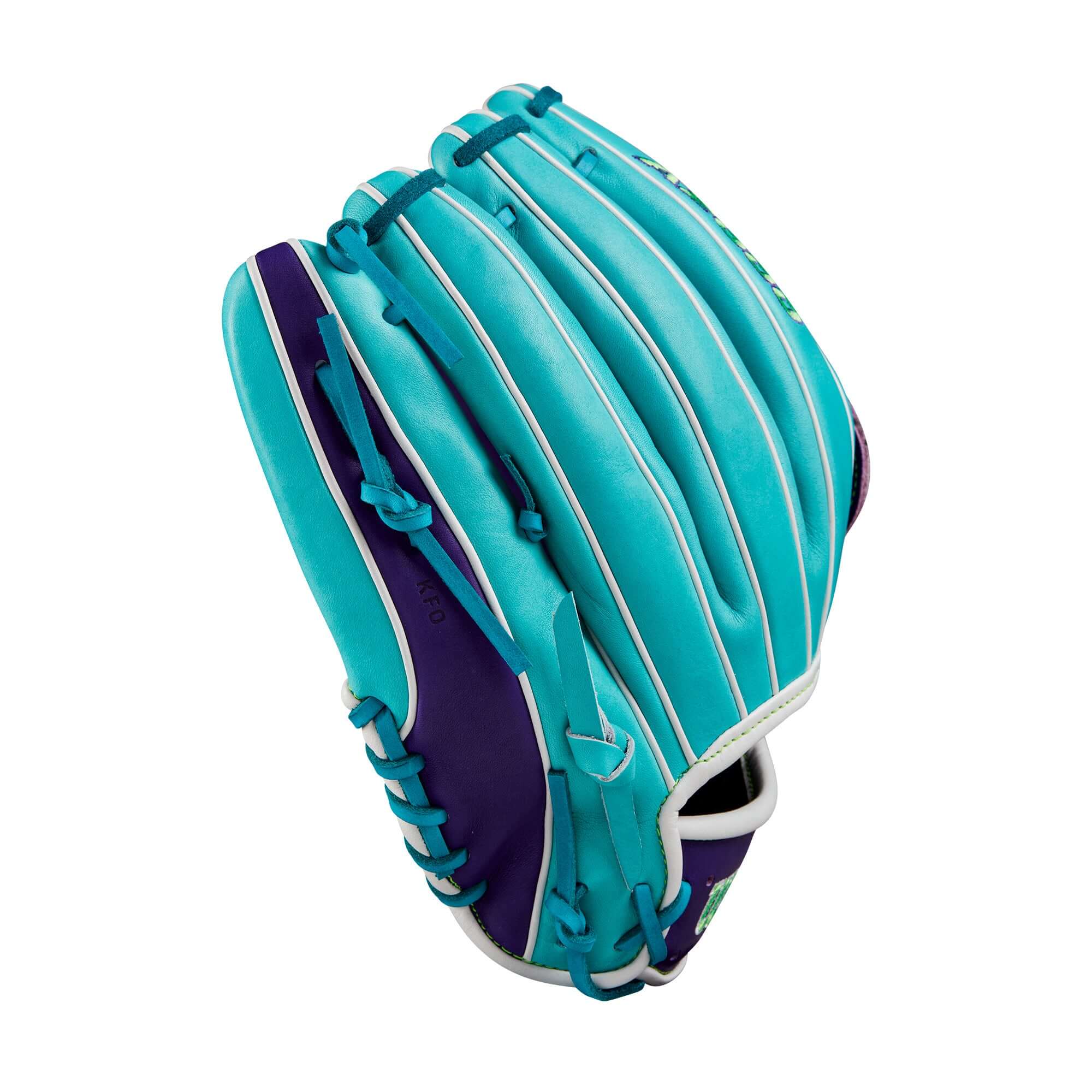 Wilson Winter 2024 A2000 DW5 12" teal and purple infield glove with Dual Post Web design for maximum reach and performance.