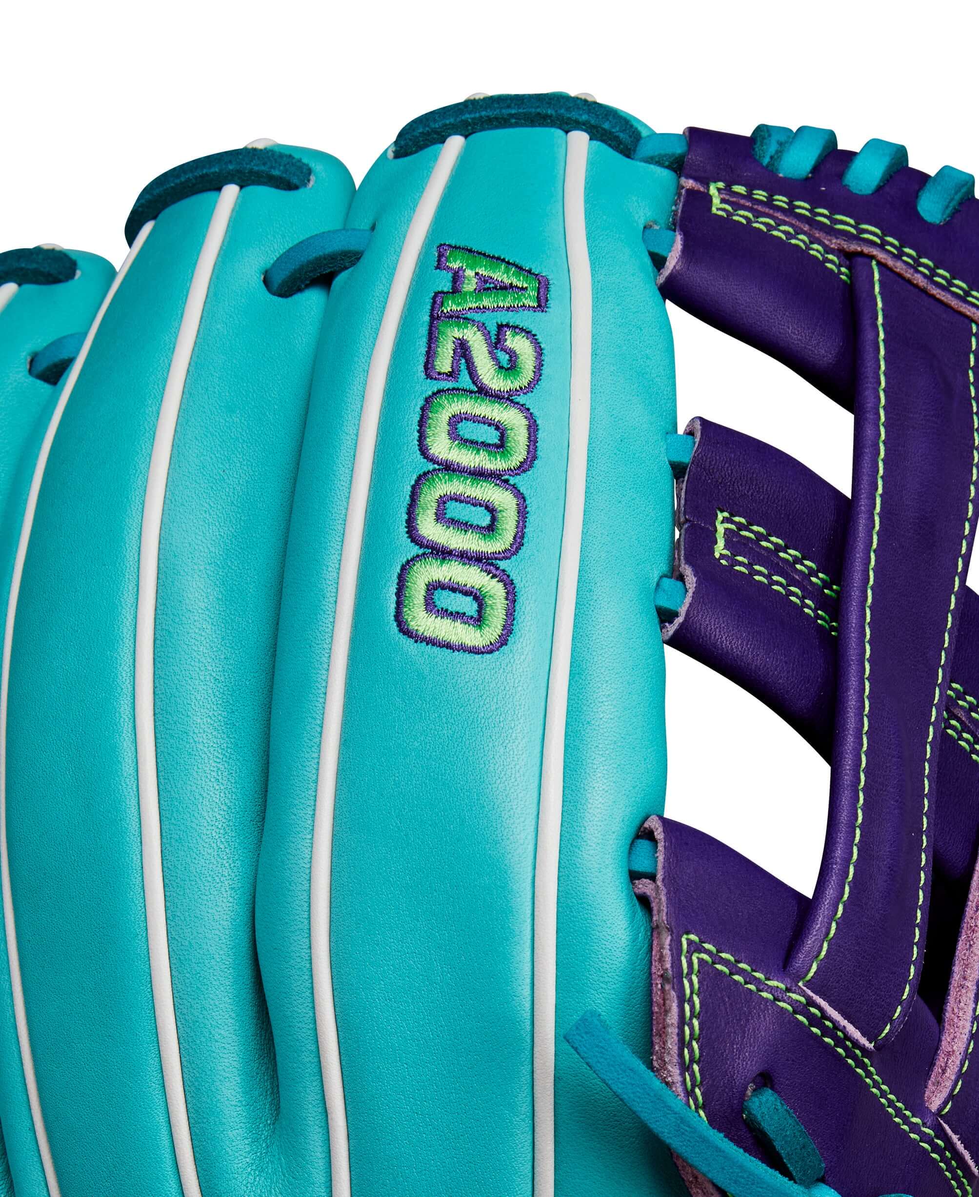 Close-up of Wilson A2000 DW5 glove in teal and purple, featuring durable leather and prominent stitching detail.