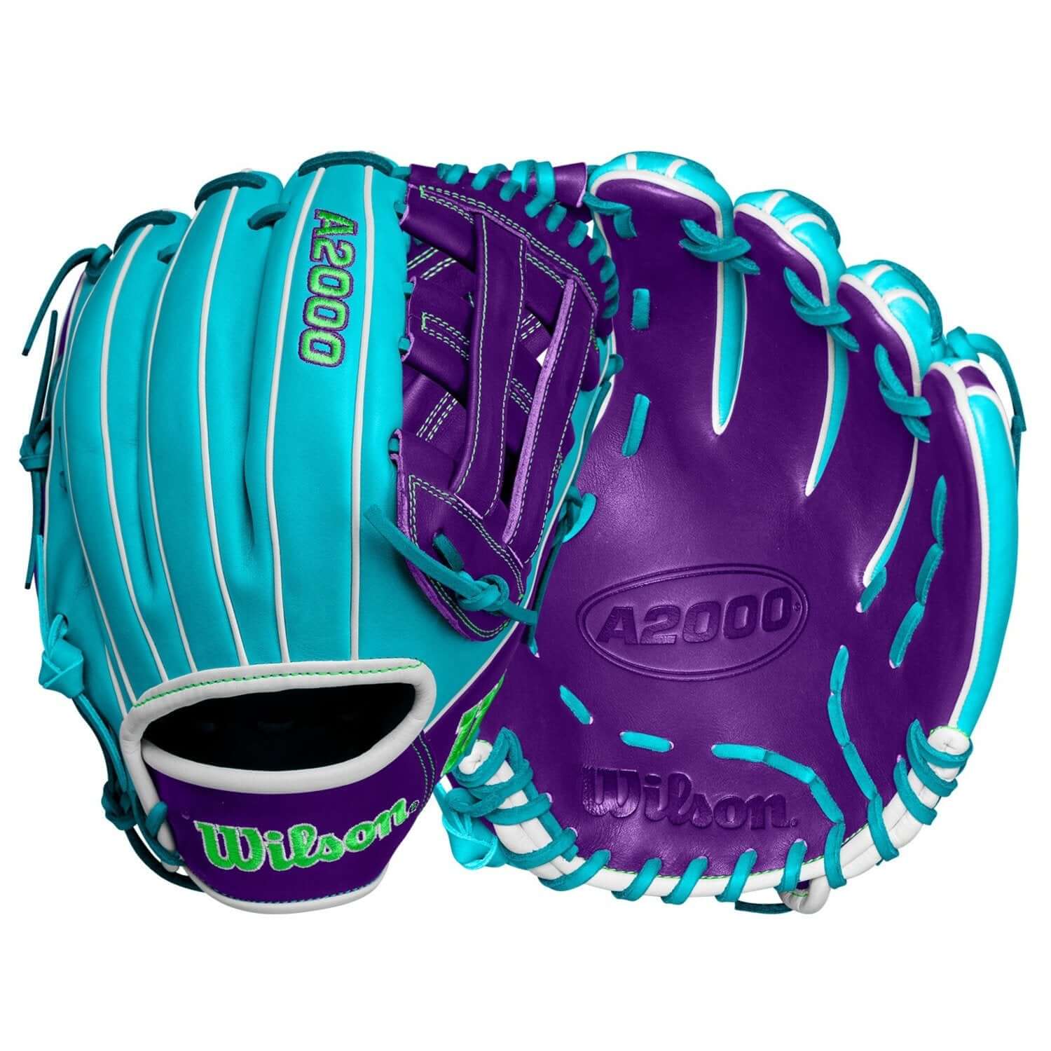 Wilson Winter 2024 A2000 DW5 teal purple 12" infield glove, featuring Dual Post Web and Pro Stock leather design.