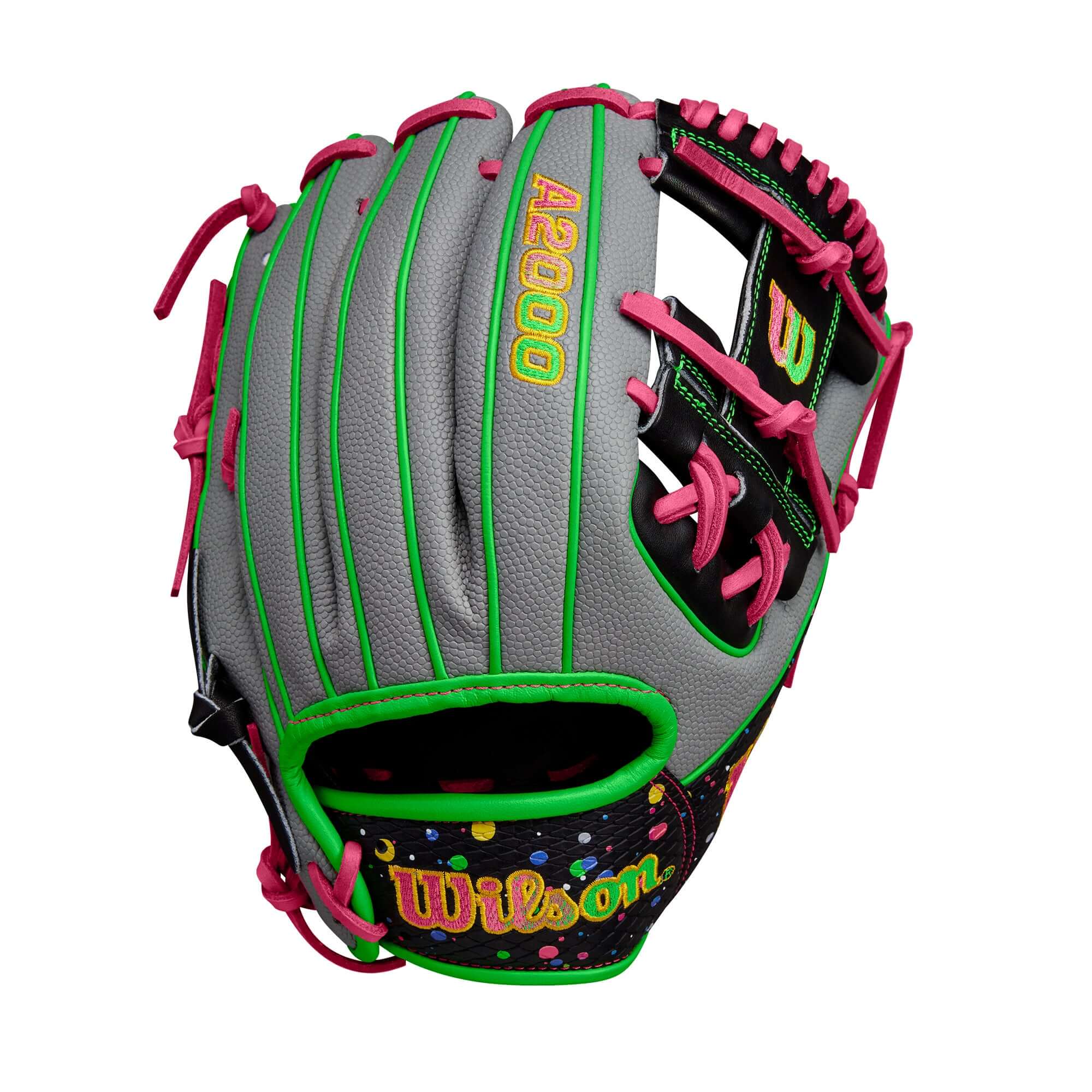 Wilson Winter 2024 A2000 1786 Splatter Black 11.5” baseball glove with neon green and flamingo pink accents.