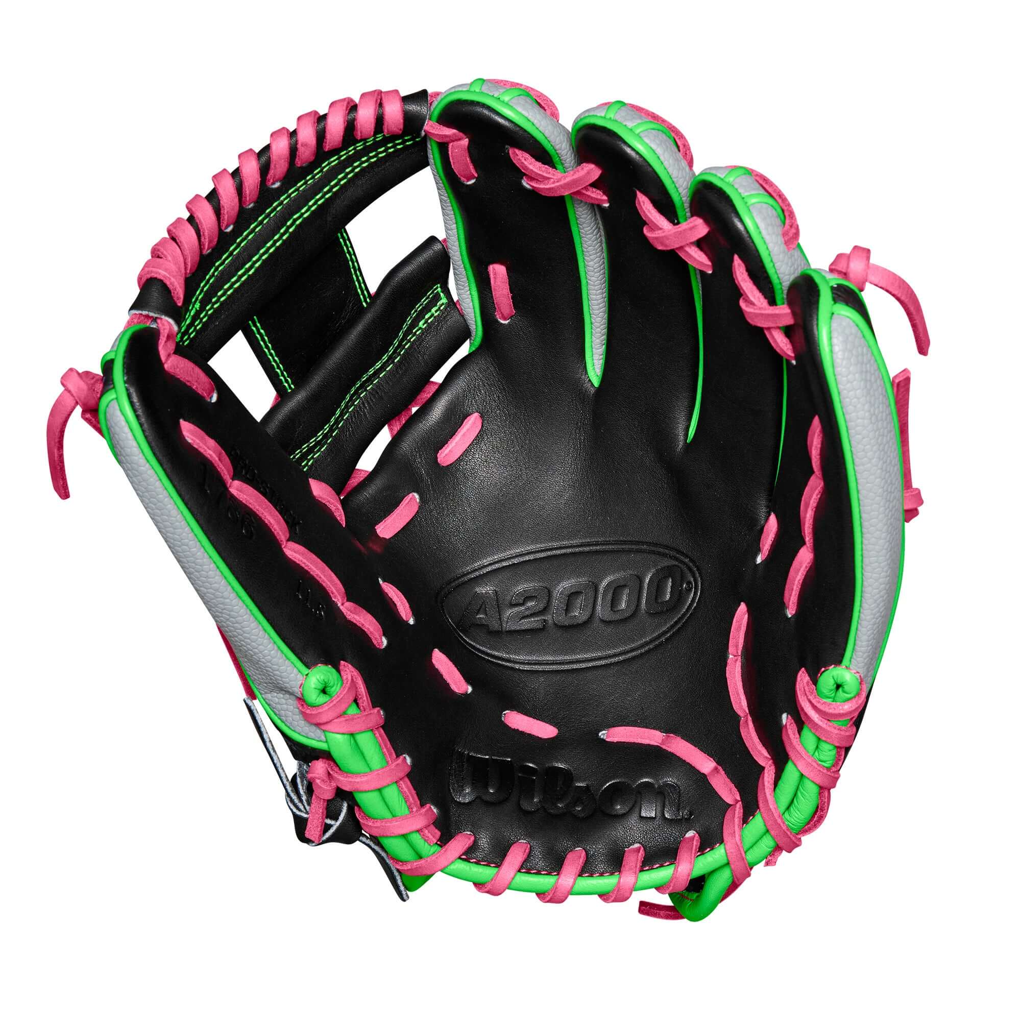 Wilson A2000 1786 Splatter Black baseball glove with Neon Green and Flamingo Pink accents, designed for infielders.