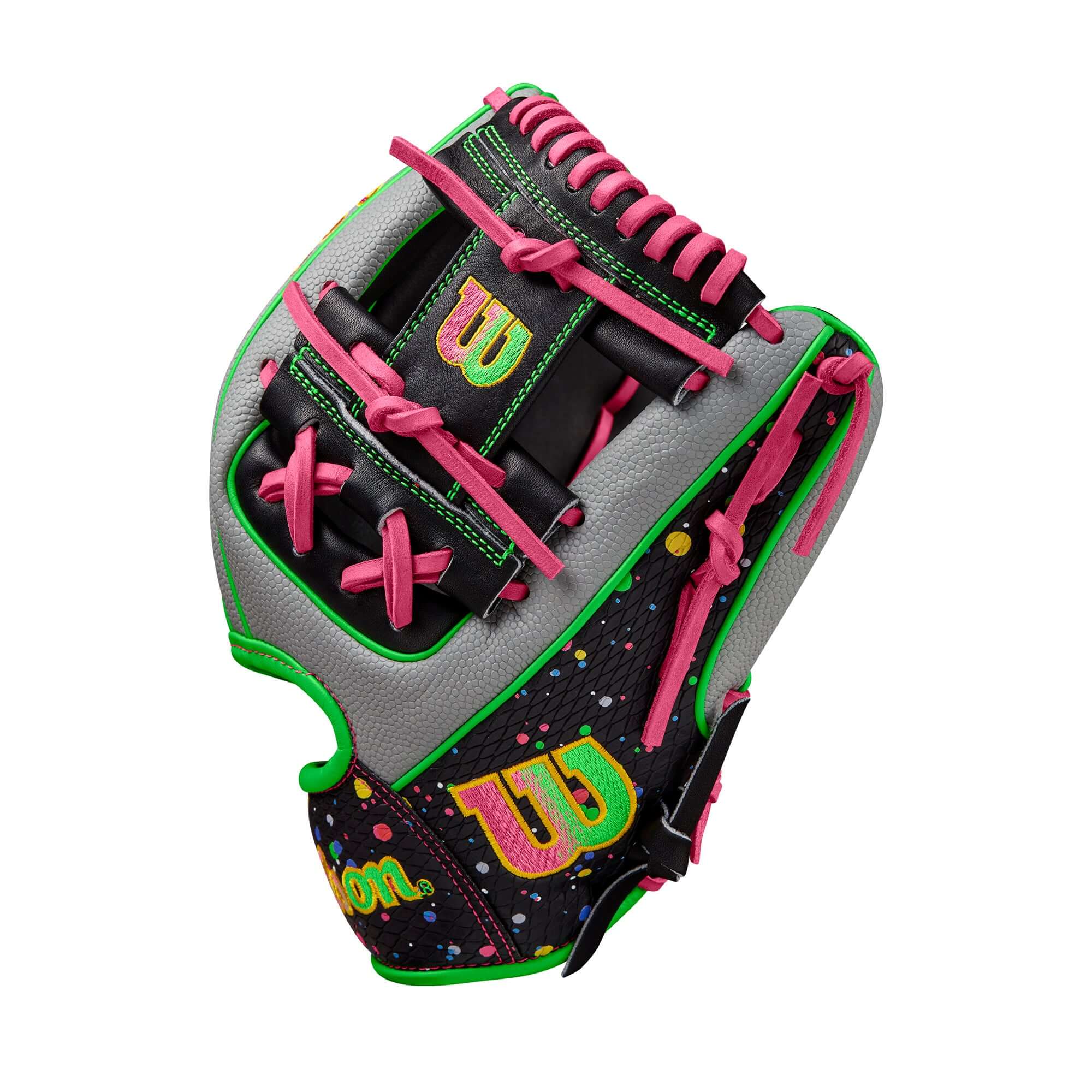 Wilson Winter 2024 A2000 1786SS Splatter Black 11.5" infield baseball glove with neon accents.