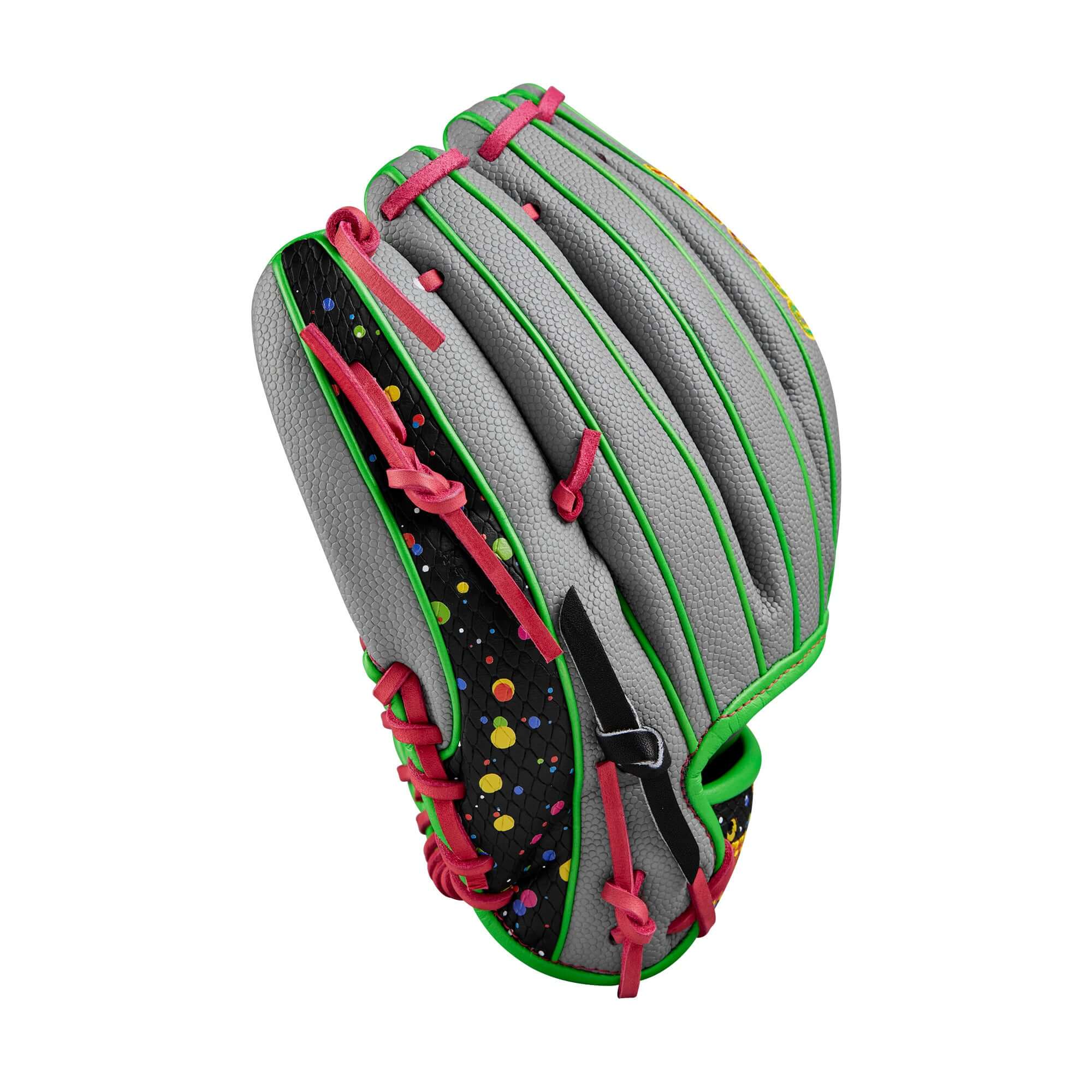 Wilson Winter 2024 A2000 1786 Splatter Black 11.5" infield baseball glove featuring vibrant neon accents.