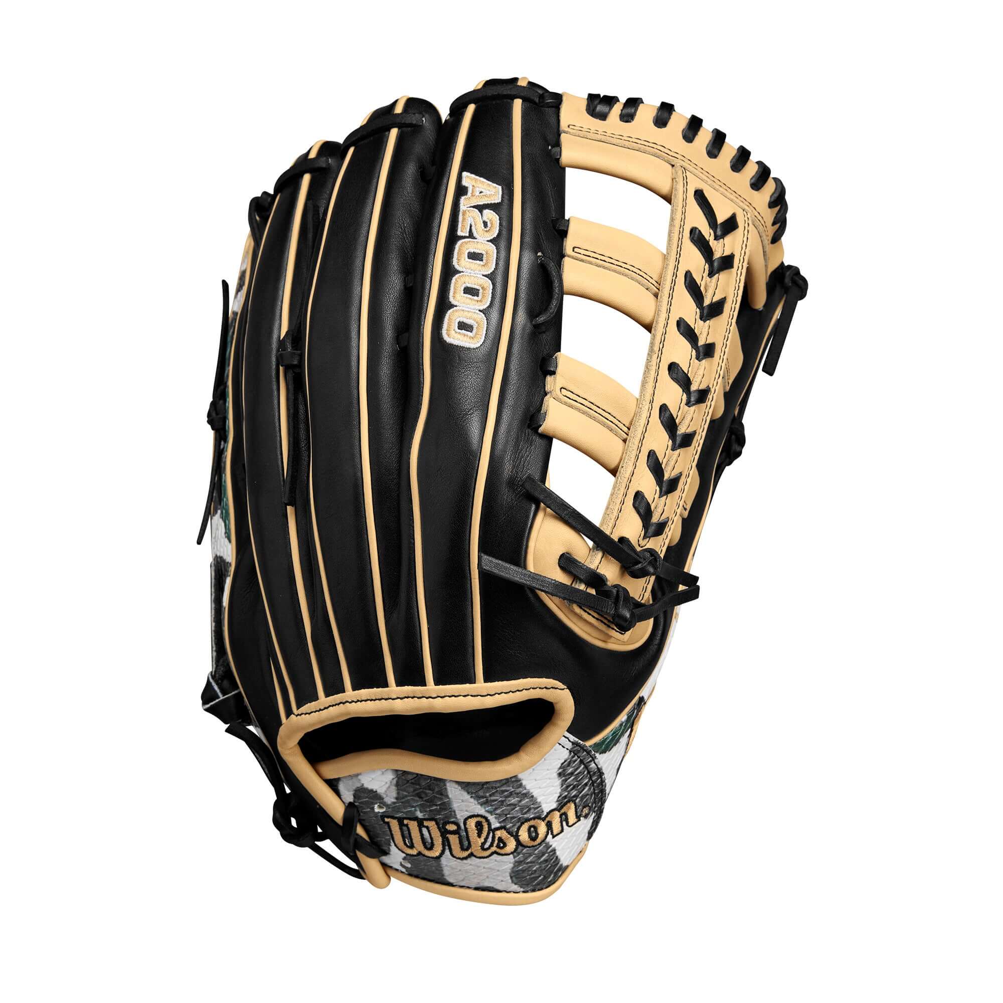 Wilson A2000 1810 Camo/Black/Blonde 12.75” outfield glove, featuring modified wrist strap and single post web design.