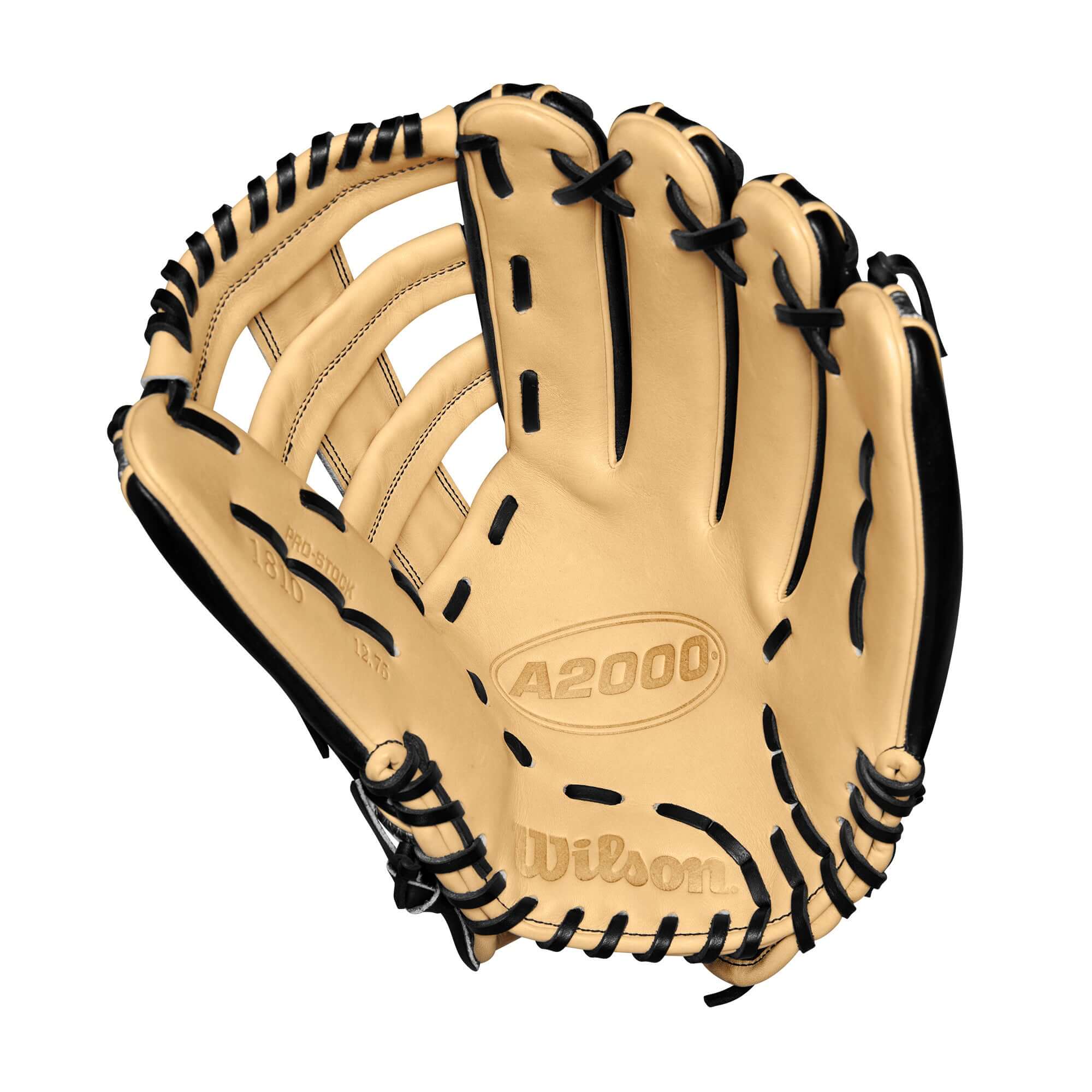 Wilson A2000 1810 glove in Blonde Pro Stock leather with black trim, ideal for outfield players. 12.75” size.