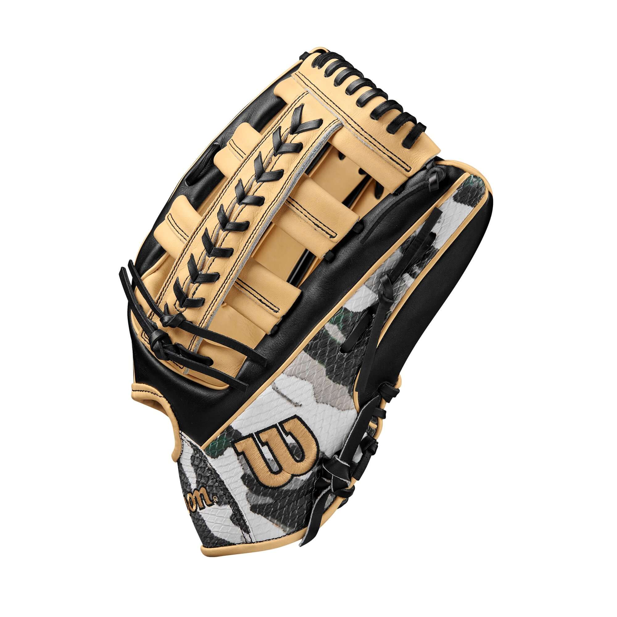 Wilson Winter 2024 A2000 1810 Camo Black Blonde 12.75" outfield glove with modified wrist strap and Single Post Web design.