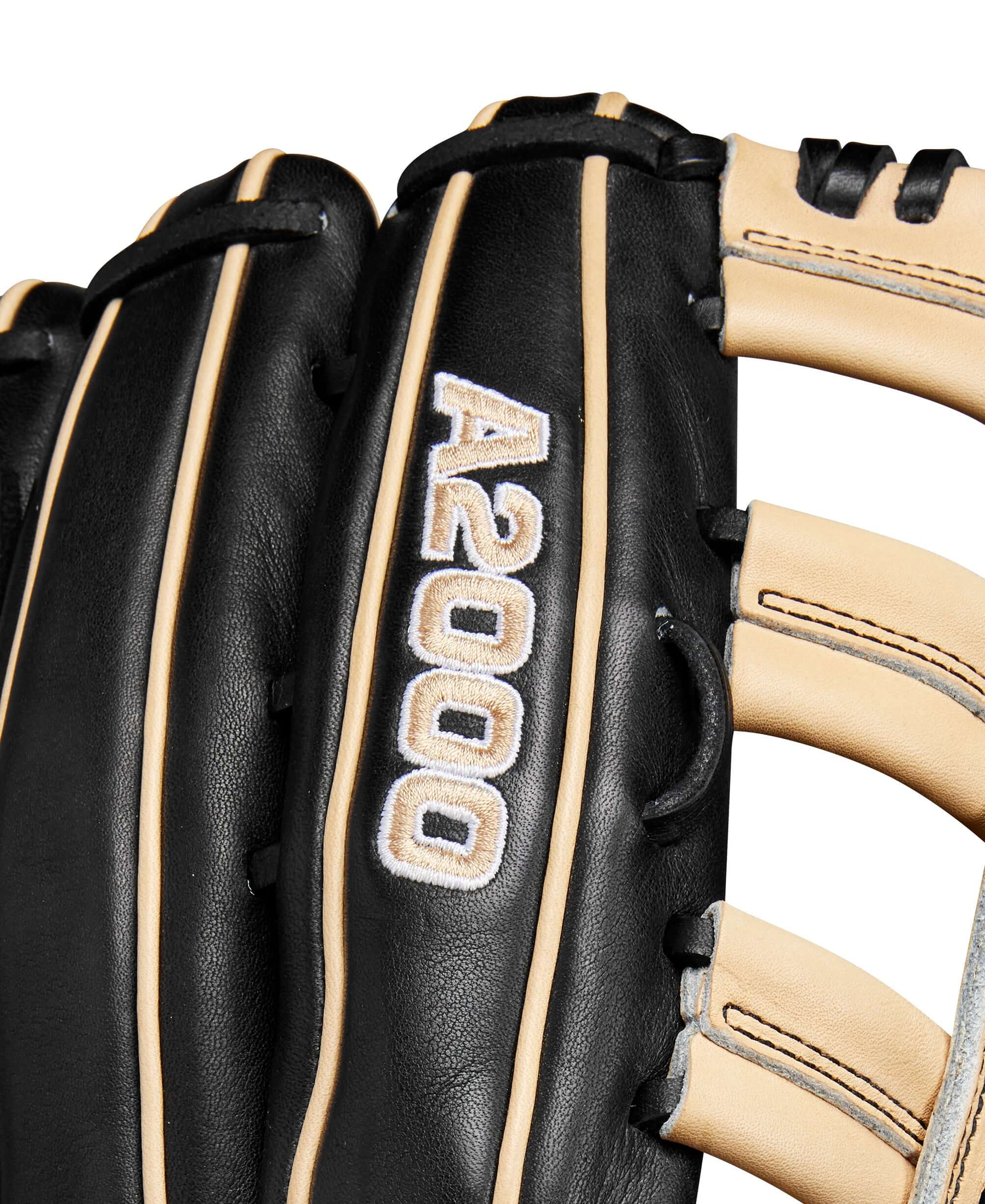 Close-up of Wilson A2000 glove showcasing black and blonde leather with embroidered logo detail.