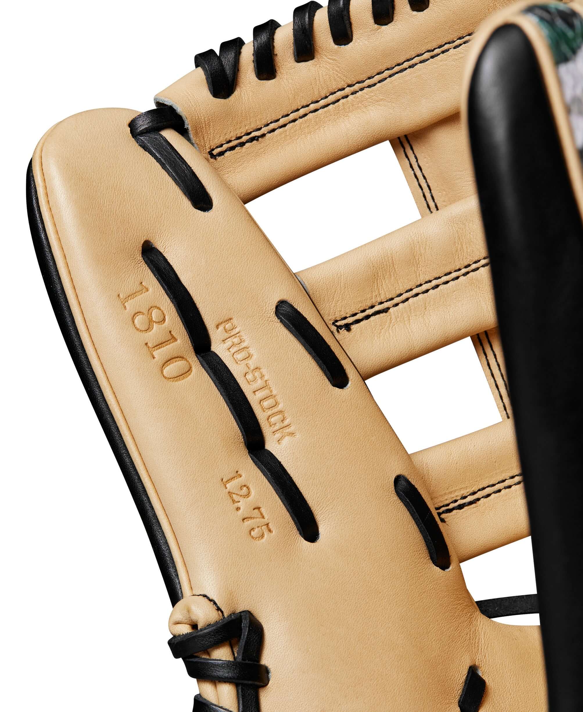 Interior view of Wilson A2000 1810 outfield glove, featuring Pro Stock leather and 12.75" size details.