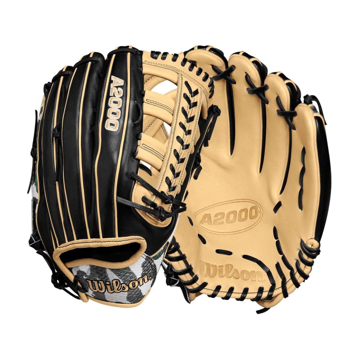 Wilson Winter 2024 A2000 1810 Camo/Black/Blonde 12.75" outfield glove with modified wrist strap and Single Post Web.