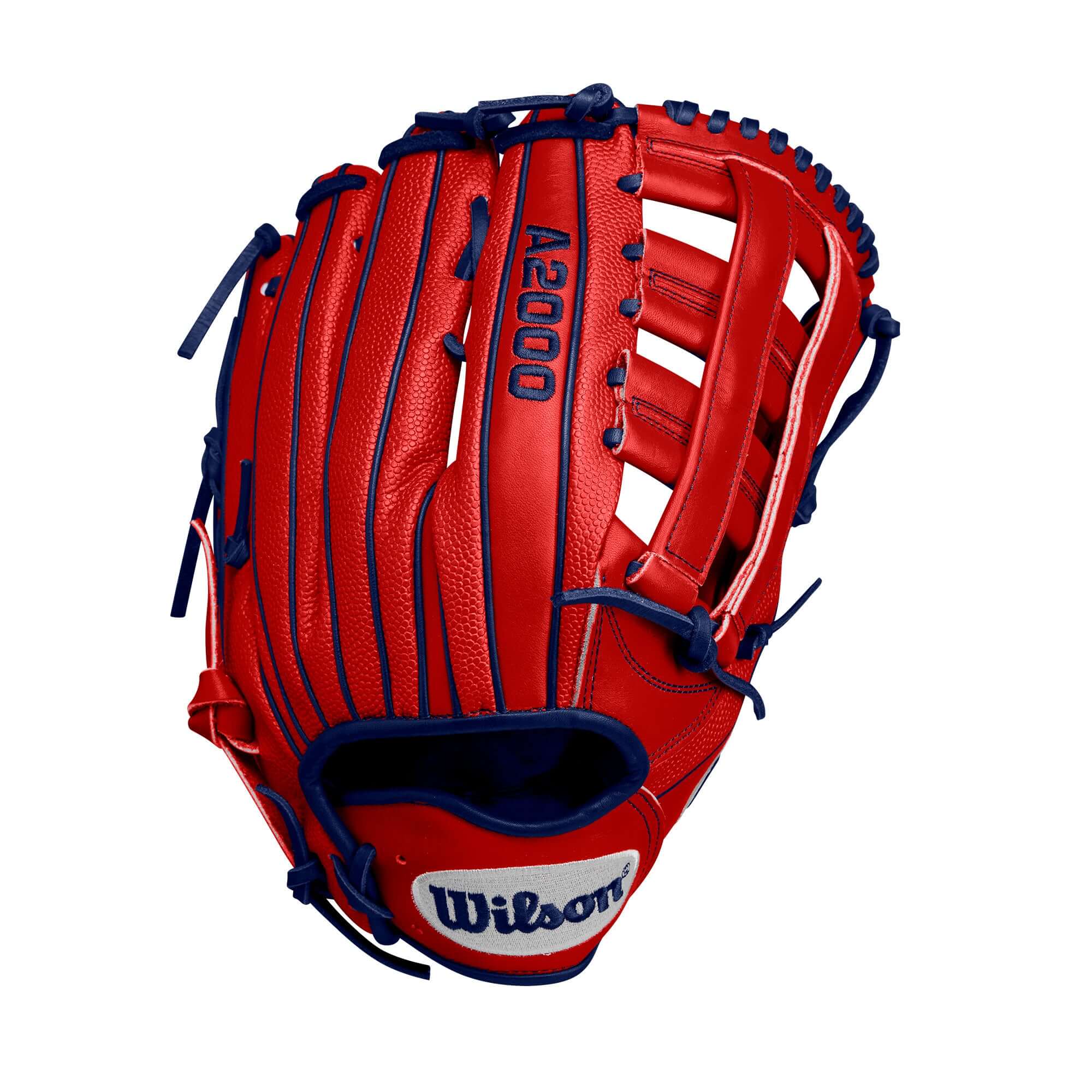Wilson A2000 Masataka Yoshida Game Model glove, red and blue, 12.5 inch, designed for superior control and fit in baseball.