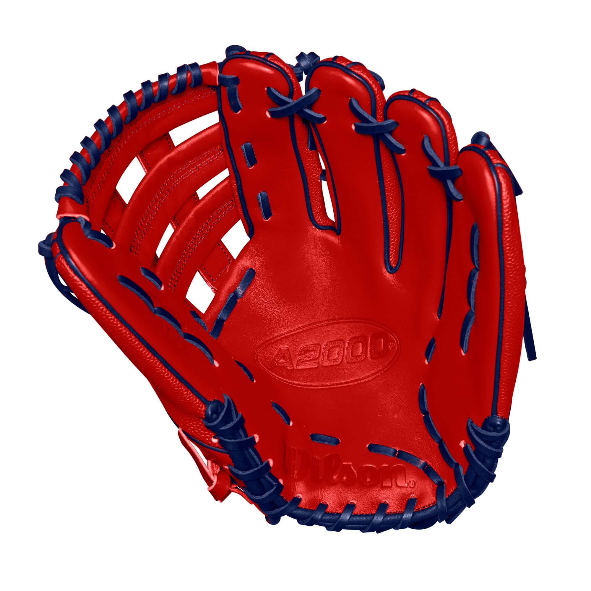 Wilson A2000 Masataka Yoshida Game Model glove, 12.5”, red and blue design for outfield players, Winter 2024 edition.