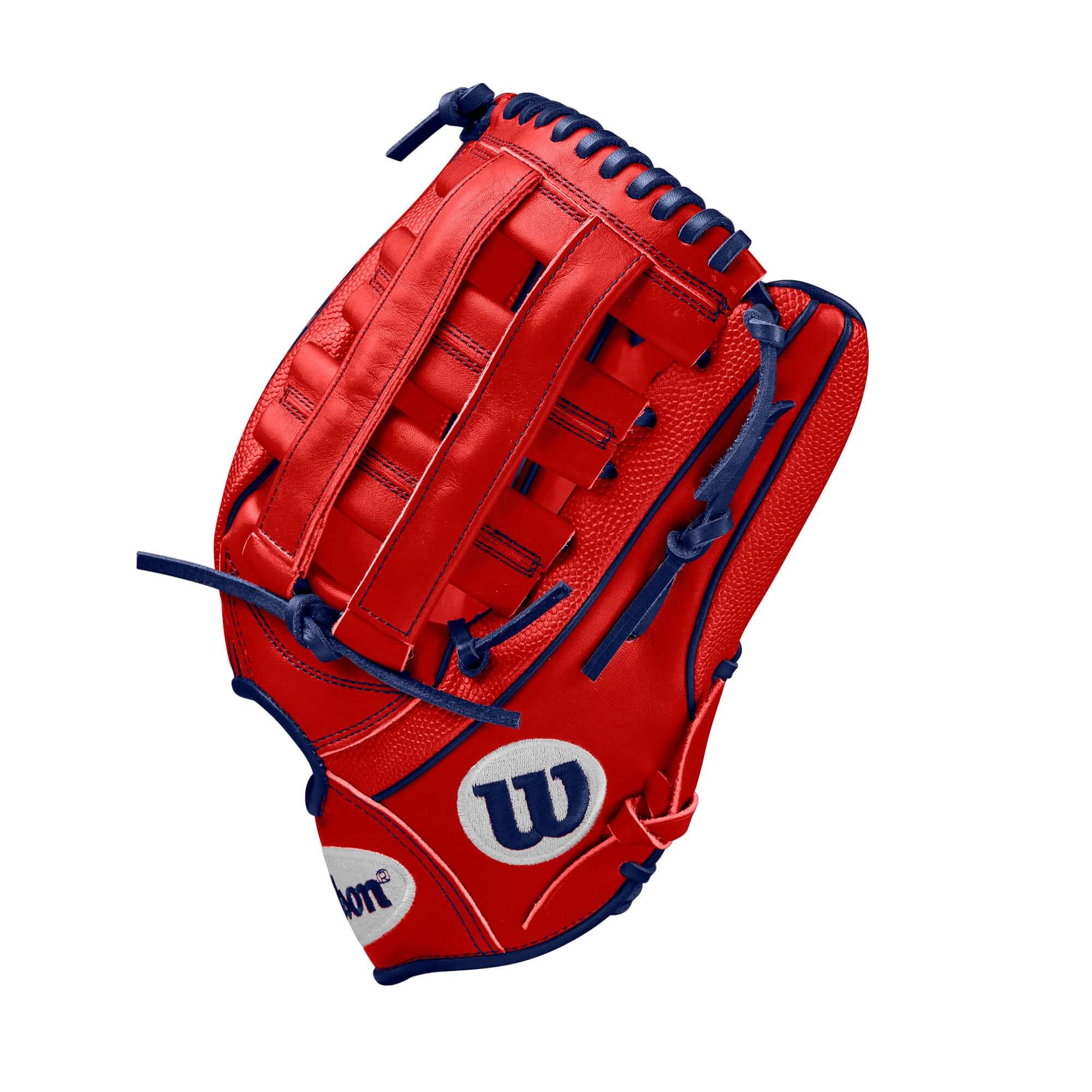 Wilson Winter 2024 A2000 Masataka Yoshida Game Model 12.5" glove showcasing its vibrant red design and modified wrist strap.