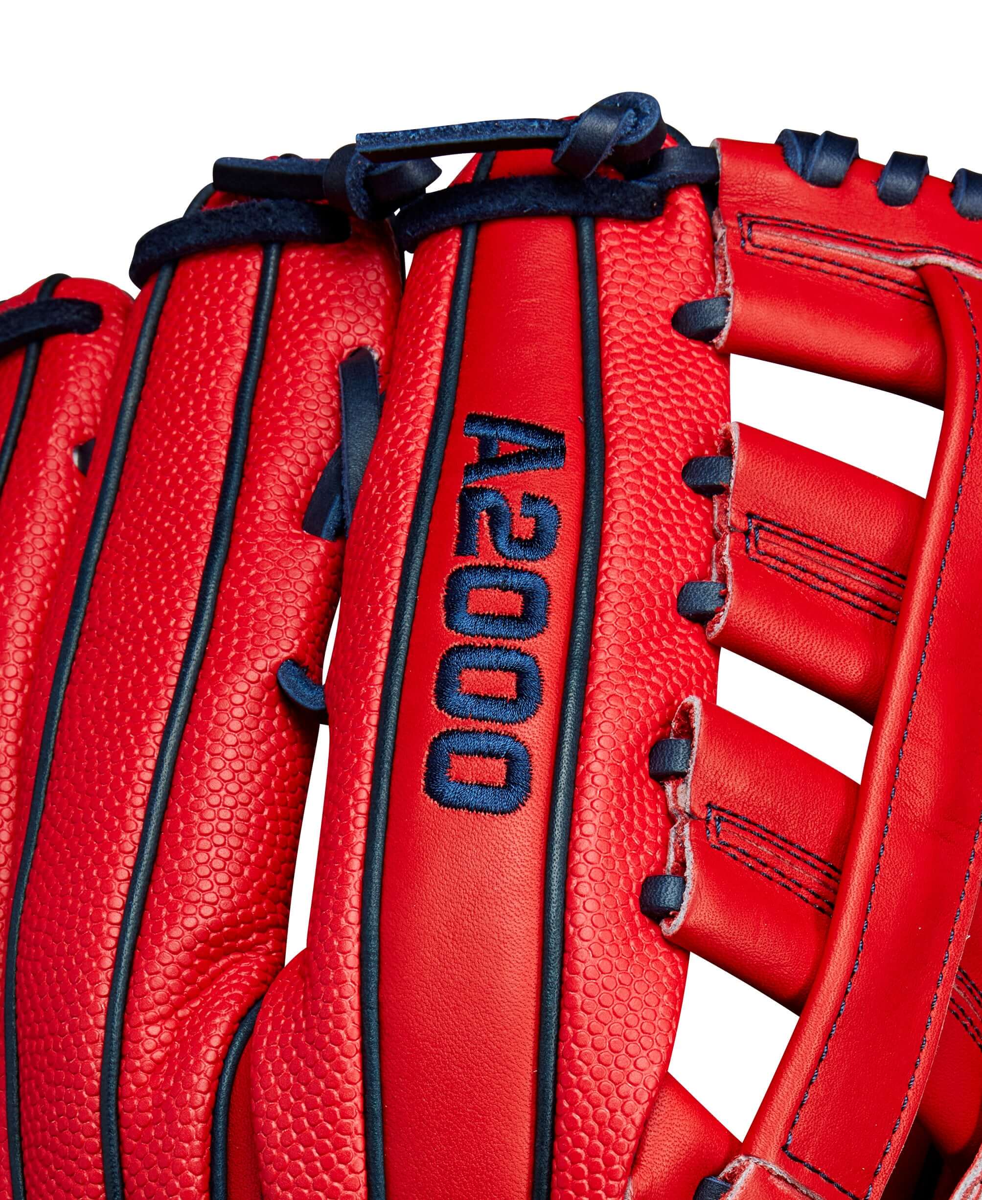 Close-up of the Wilson A2000 Masataka Yoshida glove showing red leather and blue stitching details.