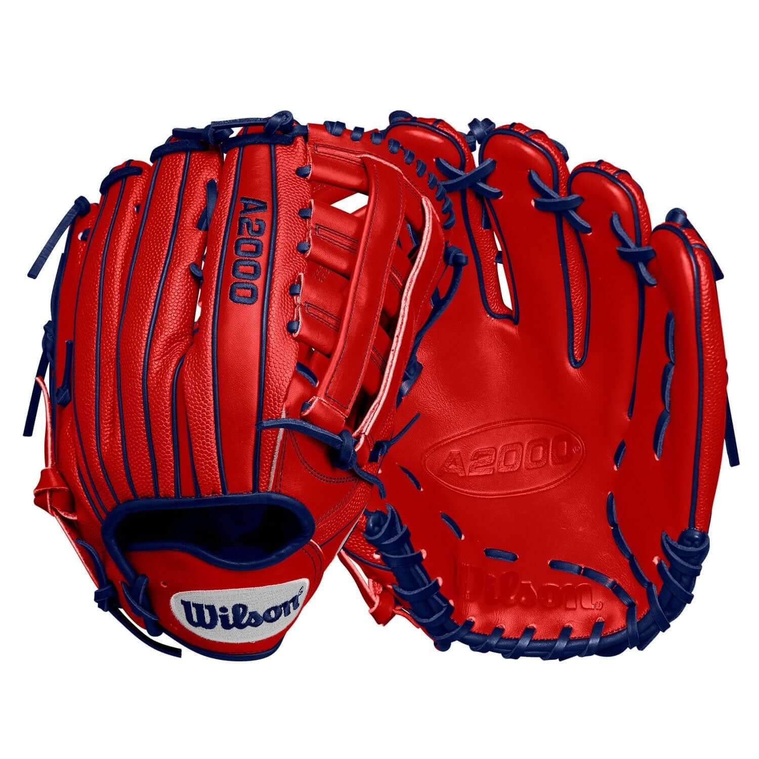 Wilson A2000 Masataka Yoshida Game Model glove in red and navy, featuring a 12.5” design for optimal control and fit.