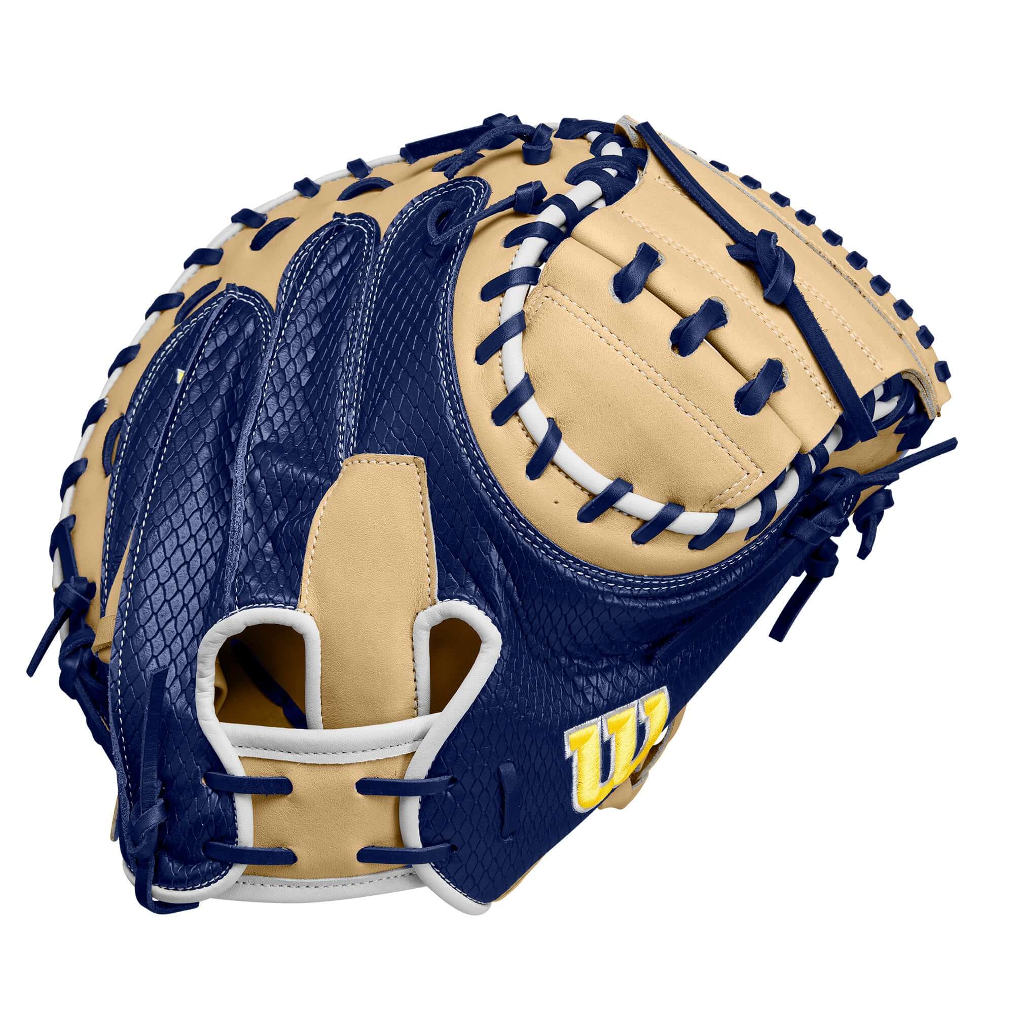 Wilson Winter 2024 A2000 SA34SS Catcher's Mitt in blonde and navy, 34-inch design for enhanced control and comfort.