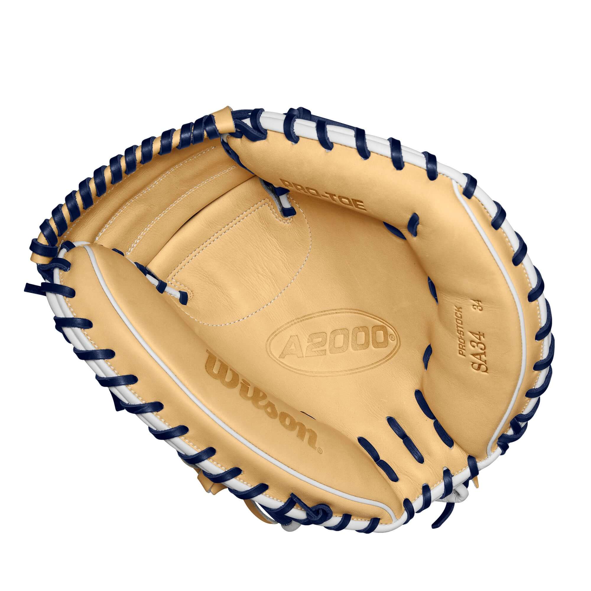 Wilson A2000 SA34SS catcher's mitt interior view, blonde and navy design, showcasing updated features for enhanced control.
