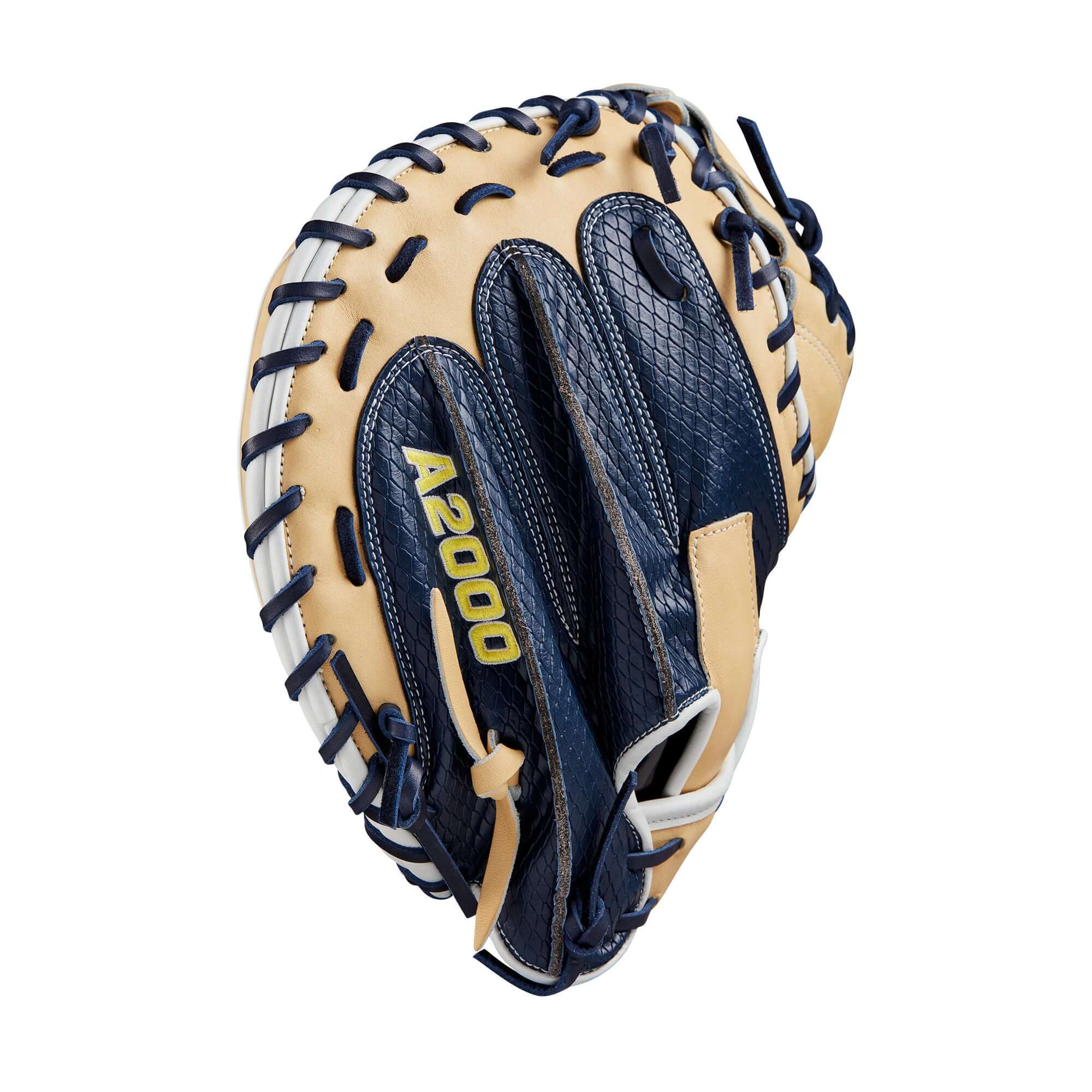 Wilson A2000 SA34SS Catcher's Mitt in Blonde and Navy, showcasing modern design for optimal performance.