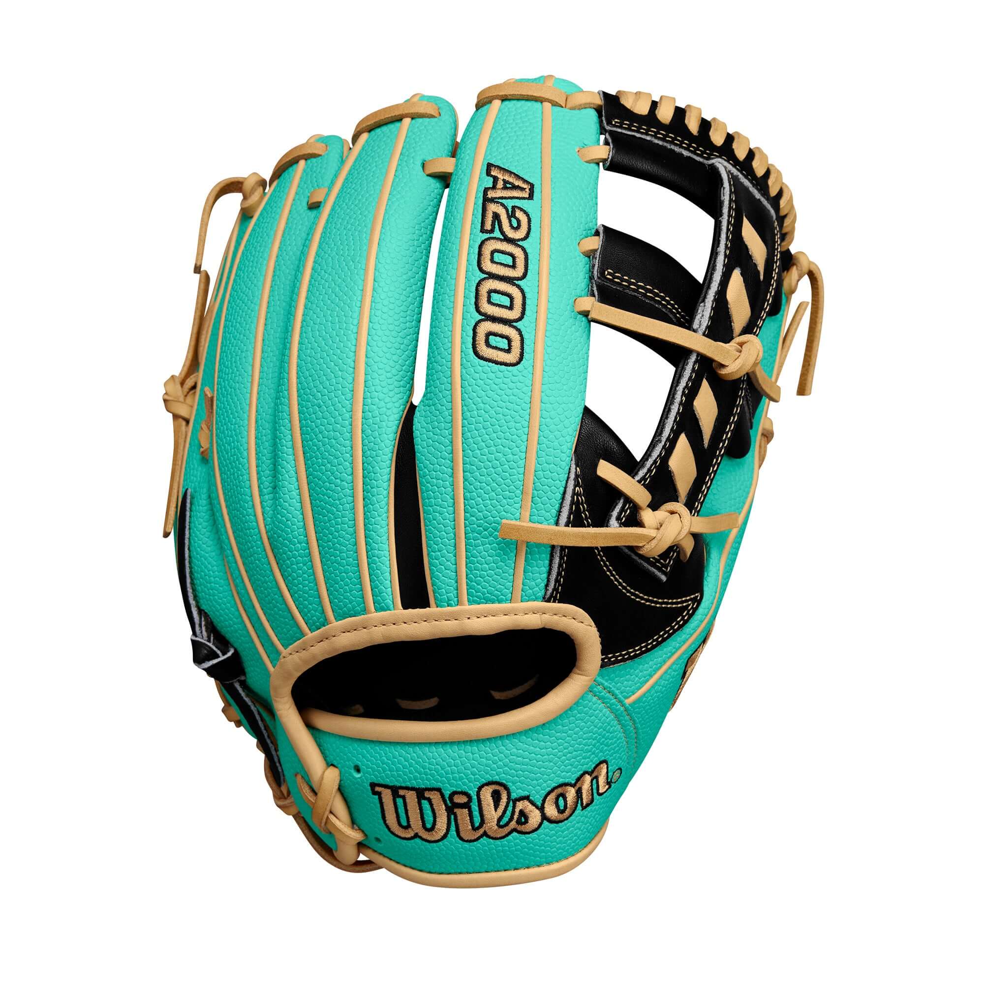 Wilson A2000 1716SS glove in Seafoam and Black, 11.5" with Pro Stock leather and Single Post Web design.