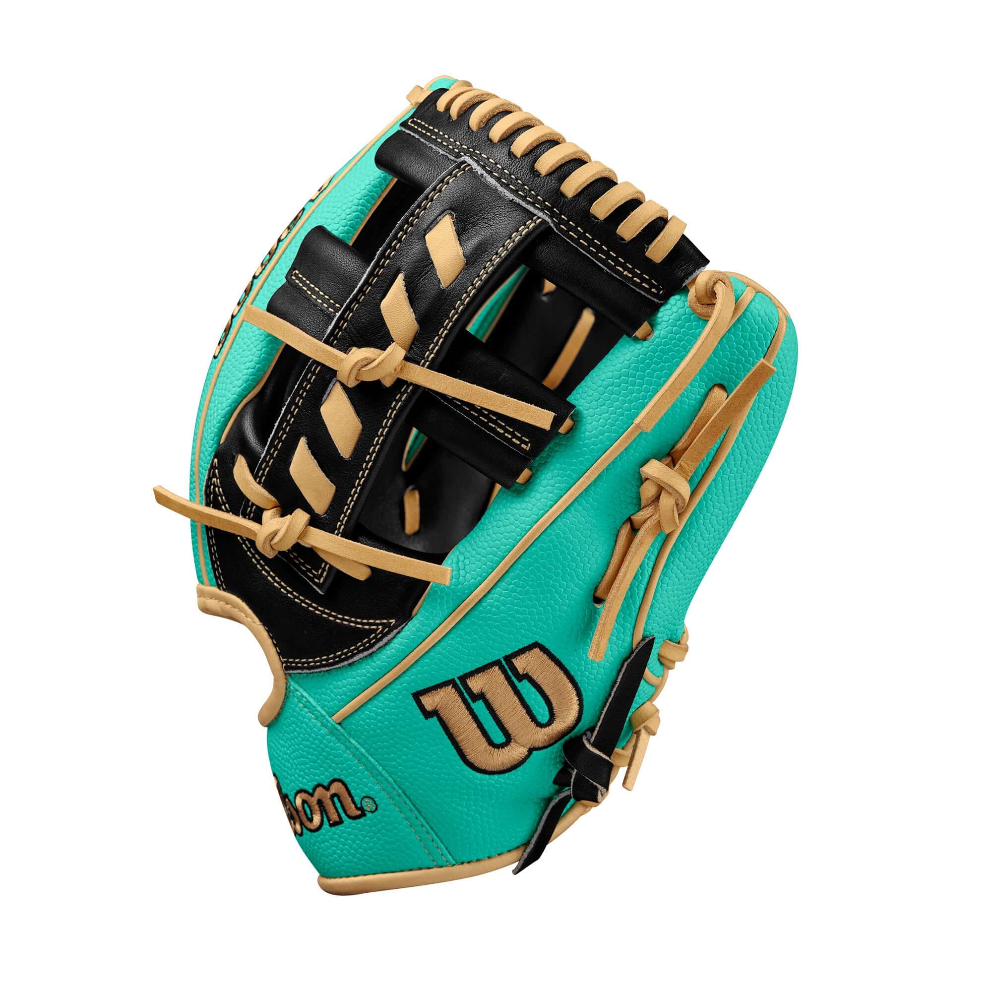 Wilson Spring 2025 A2000 1716SS glove in Seafoam and Black leather, 11.5" with Single Post Web design.