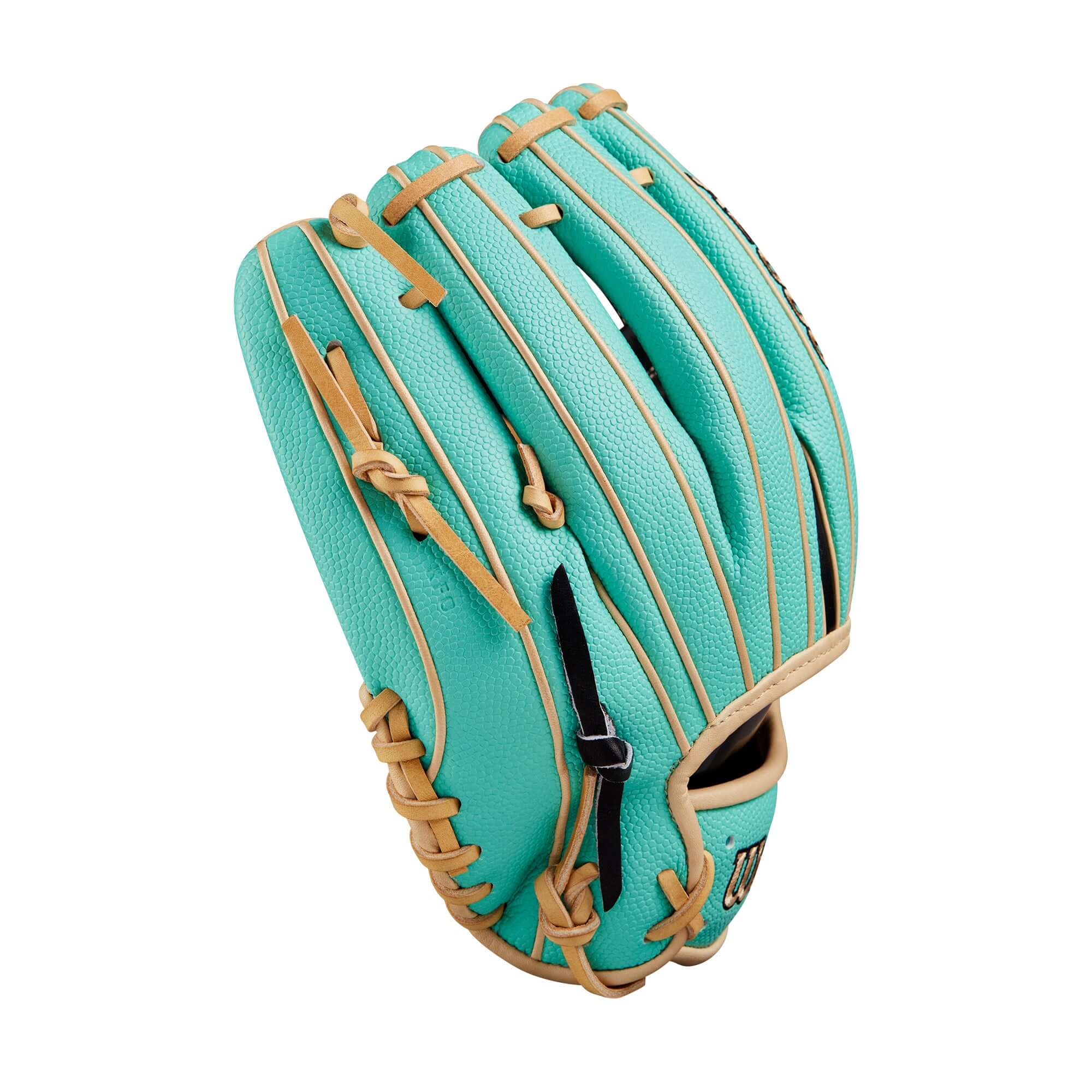 Wilson A2000 1716SS baseball glove in Seafoam and Black, 11.5 inches, featuring Pro Stock leather and Single Post Web design.