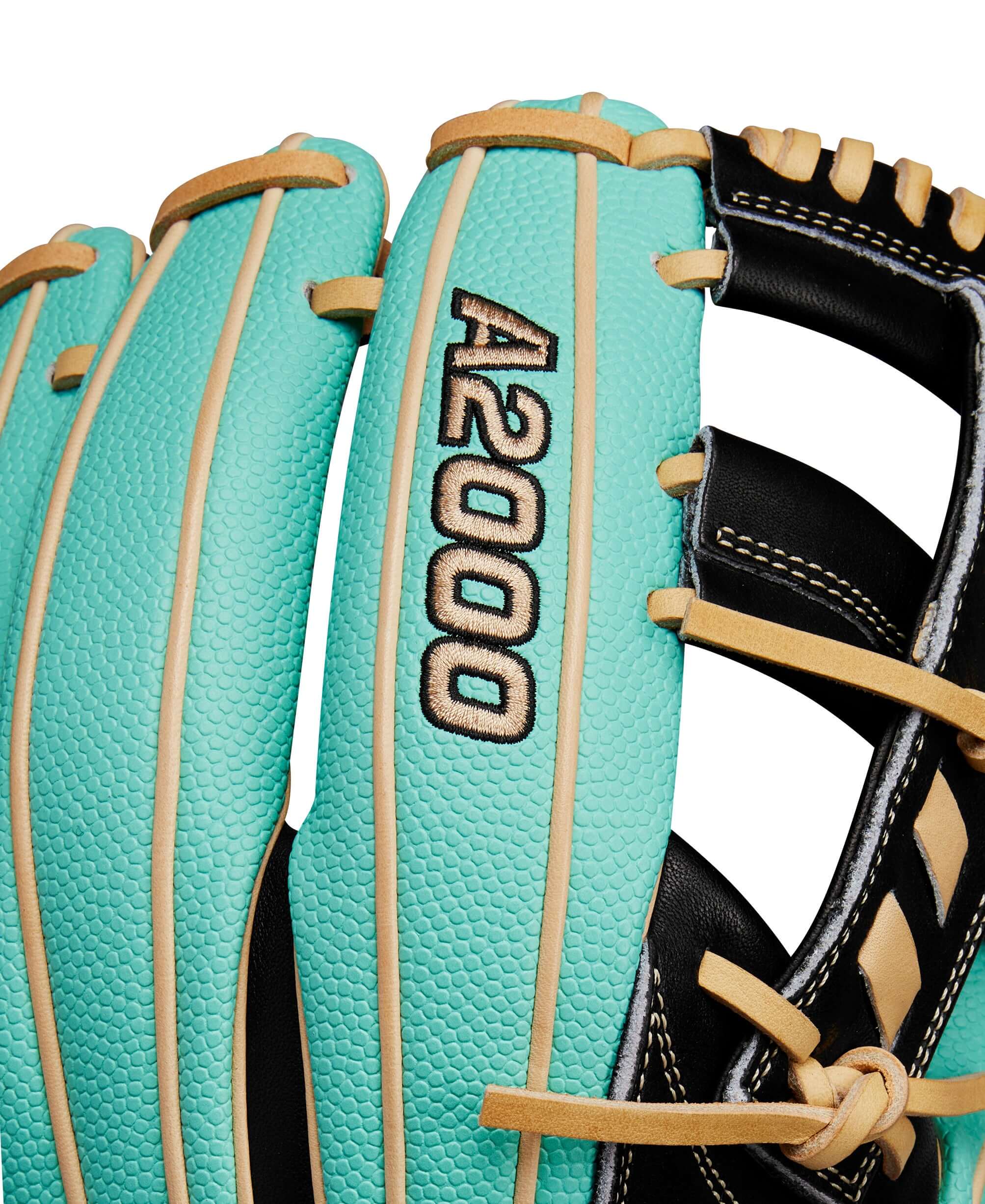 Close-up of Wilson A2000 1716SS glove in Seafoam and Black leather with detailed stitching.