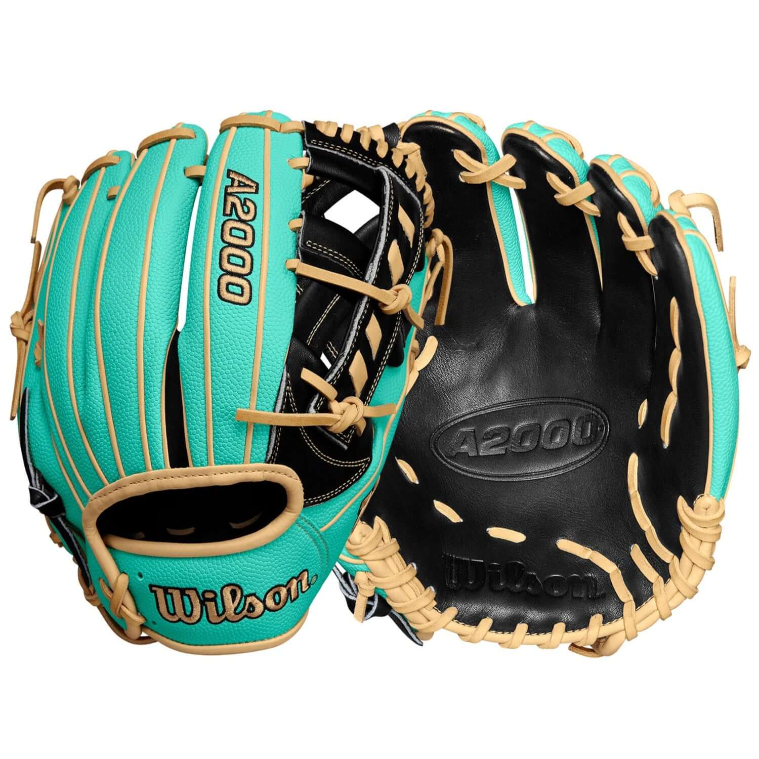 Wilson A2000 1716SS glove in Seafoam and Black, featuring Pro Stock leather and Single Post Web design.