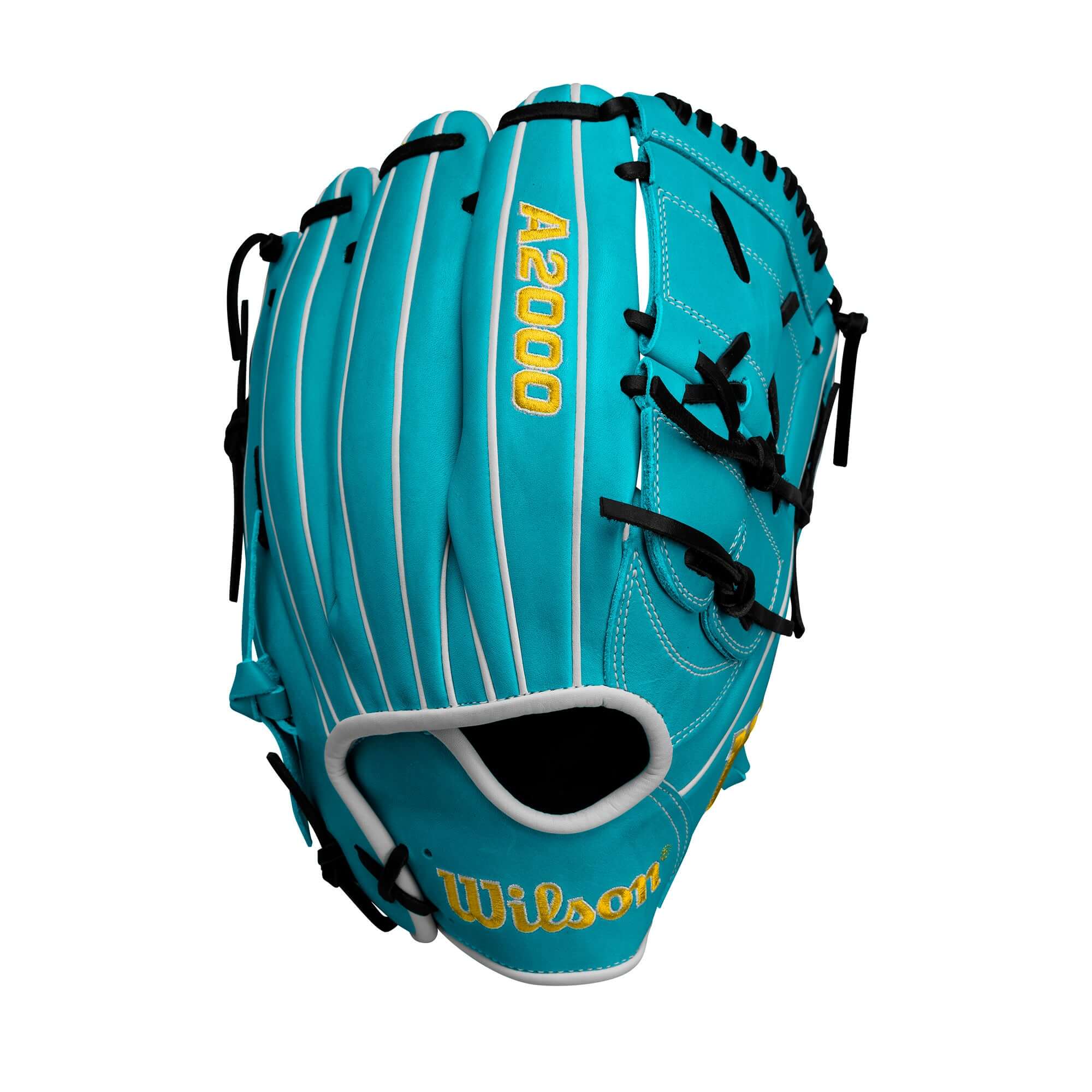 Wilson A2000 Spring 2025 SA17 B2 black and teal pitcher's glove with modified wrist strap for improved control.
