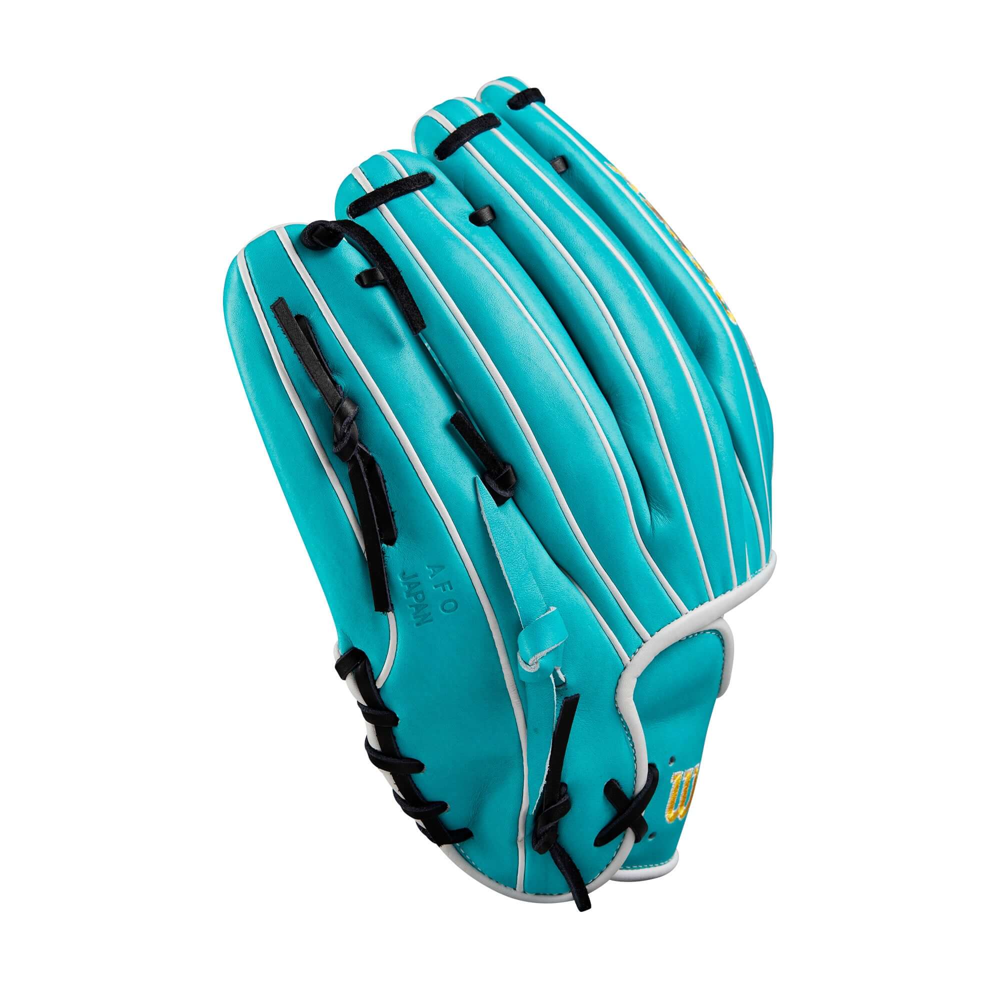 Wilson A2000 SA17 pitcher glove in black and teal, featuring a modified wrist strap for enhanced control.