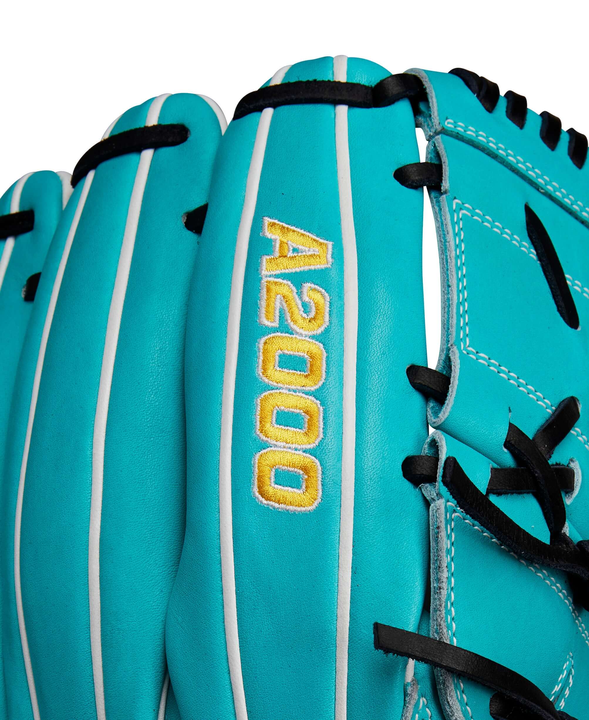 Close-up of Wilson A2000 SA17 baseball glove showing black and teal design with yellow A2000 logo.